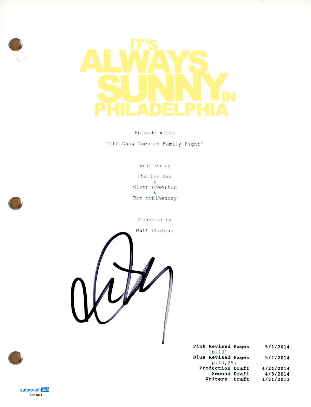 Charlie Day Signed It’s Always Sunny in Philadelphia Family Fight TV Script ACOA