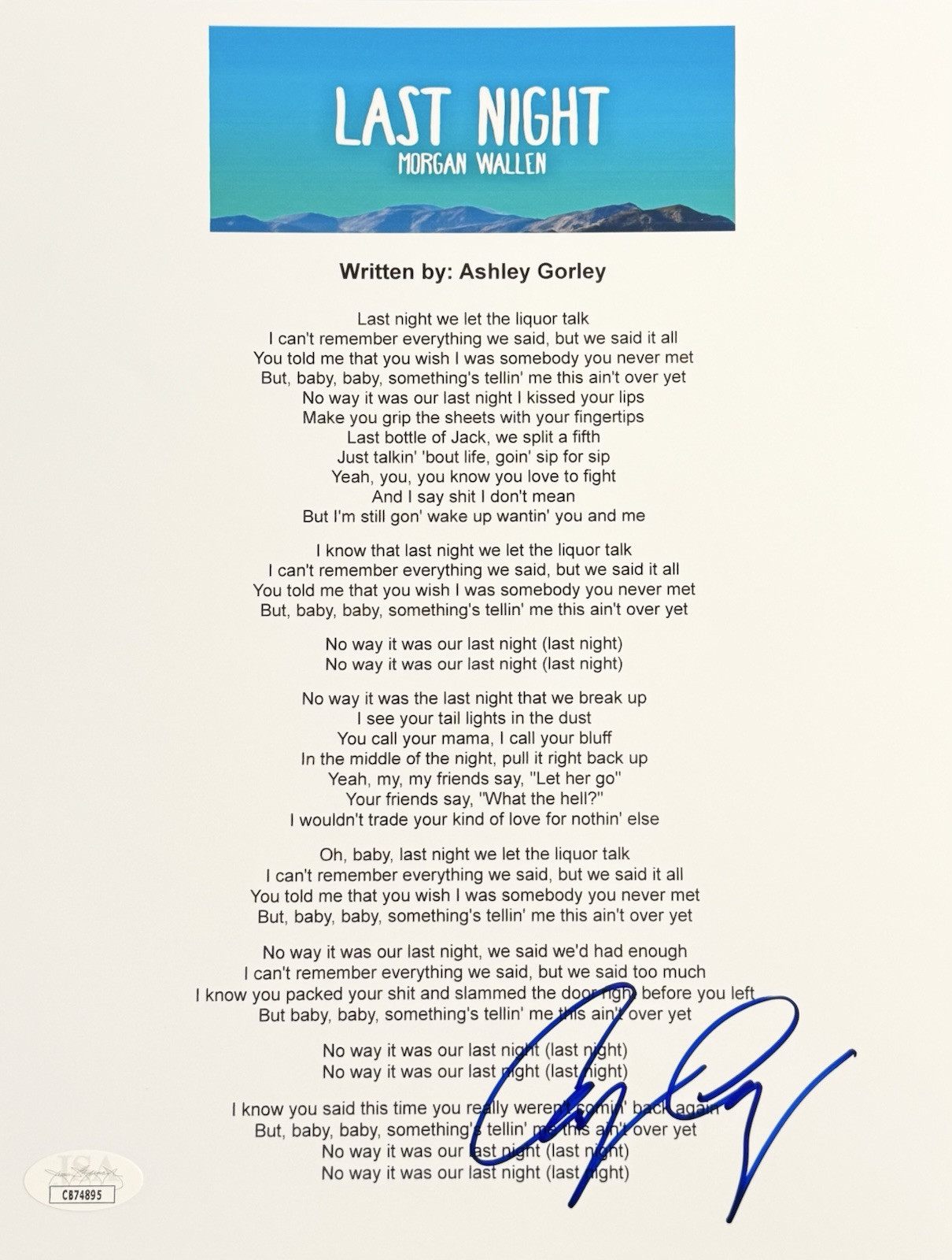 Ashley Gorley Signed Autographed Last Night Lyric Sheet Wallen JSA COA