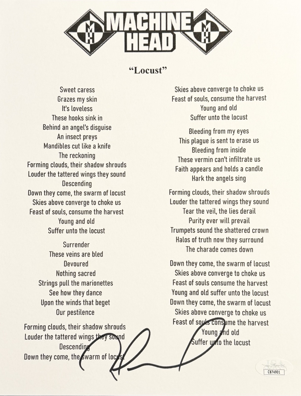Phil Demmel Signed Autographed Machine Head “Locust” Lyric Sheet JSA COA