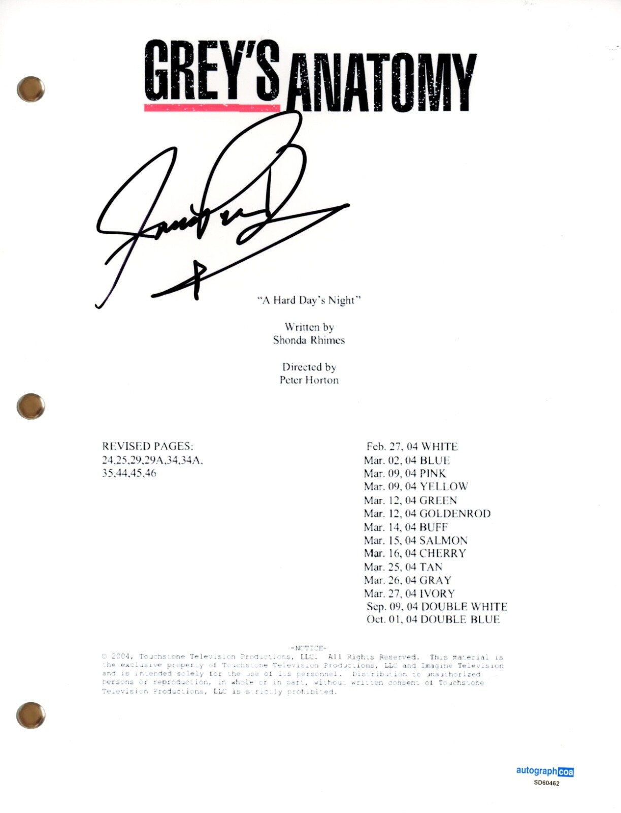 James Pickens Jr. “Grey’s Anatomy” Signed Autograph Pilot Script Screenplay ACOA