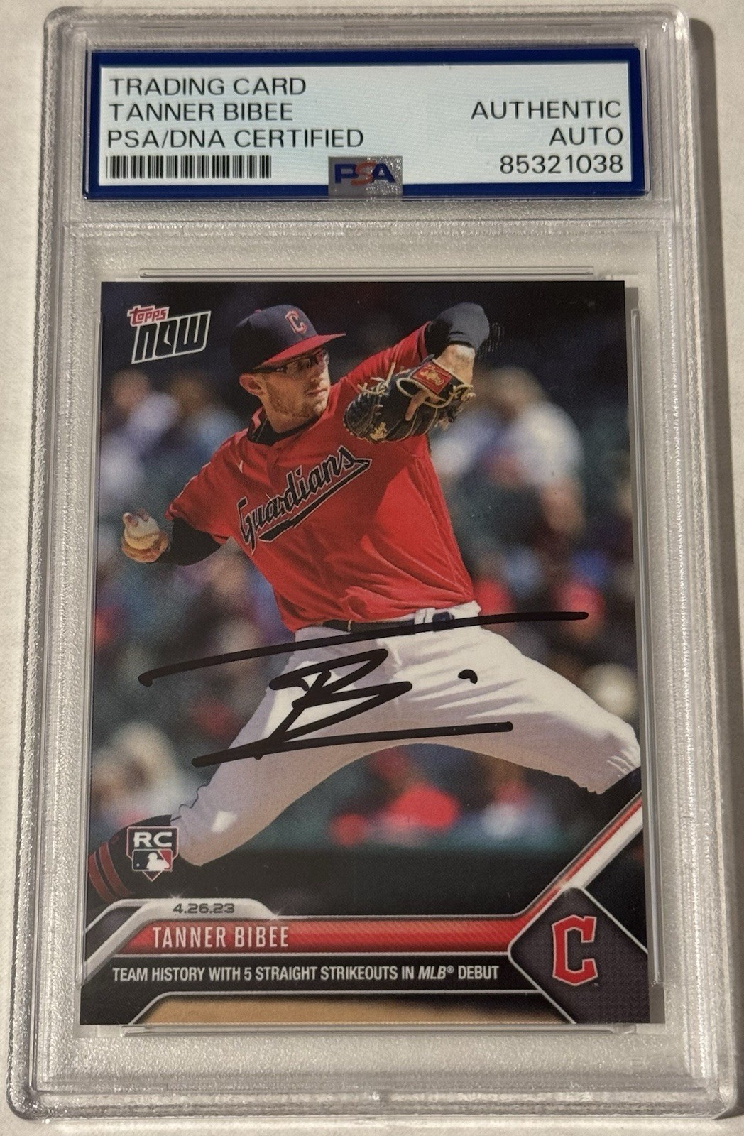 Tanner Bibee 2023 Topps Now Signed Rookie Card 1st RC PSA/DNA Slab Guardians
