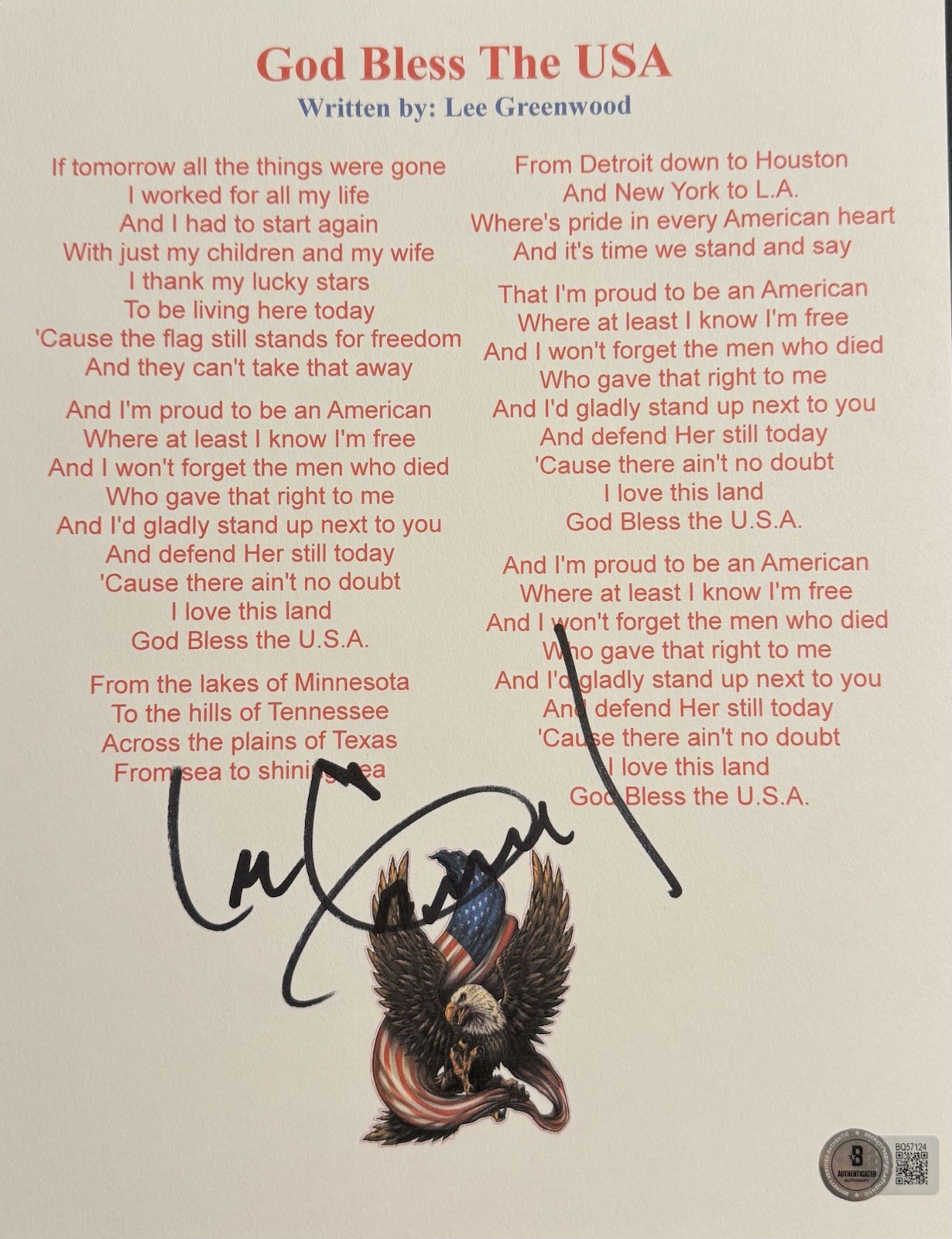 Lee Greenwood Signed Autographed God Bless The USA Lyric Sheet Beckett Coa