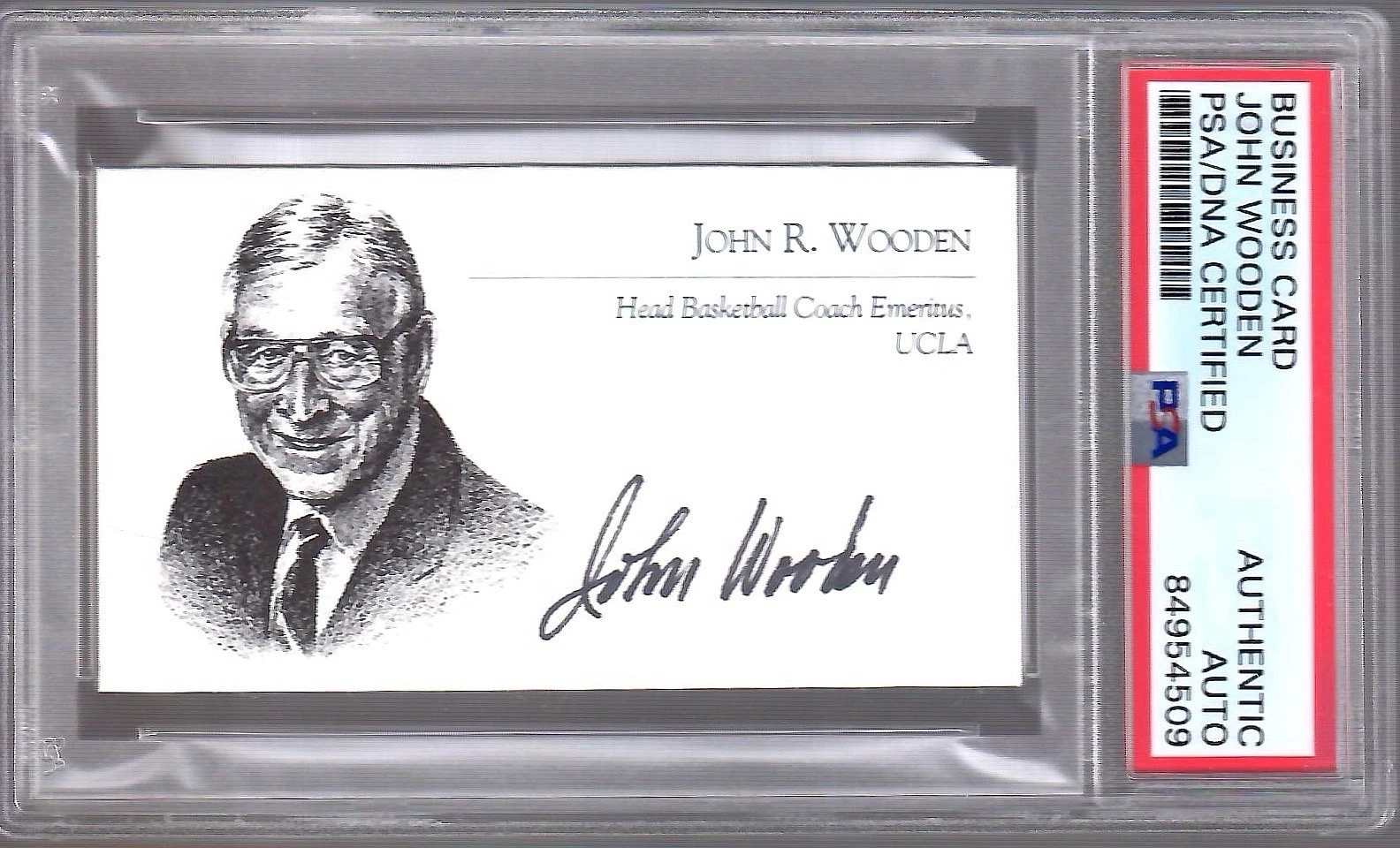 JOHN WOODEN HAND SIGNED PYRAMID OF SUCCESS BUSINESS CARD     RARE    PSA SLABBED