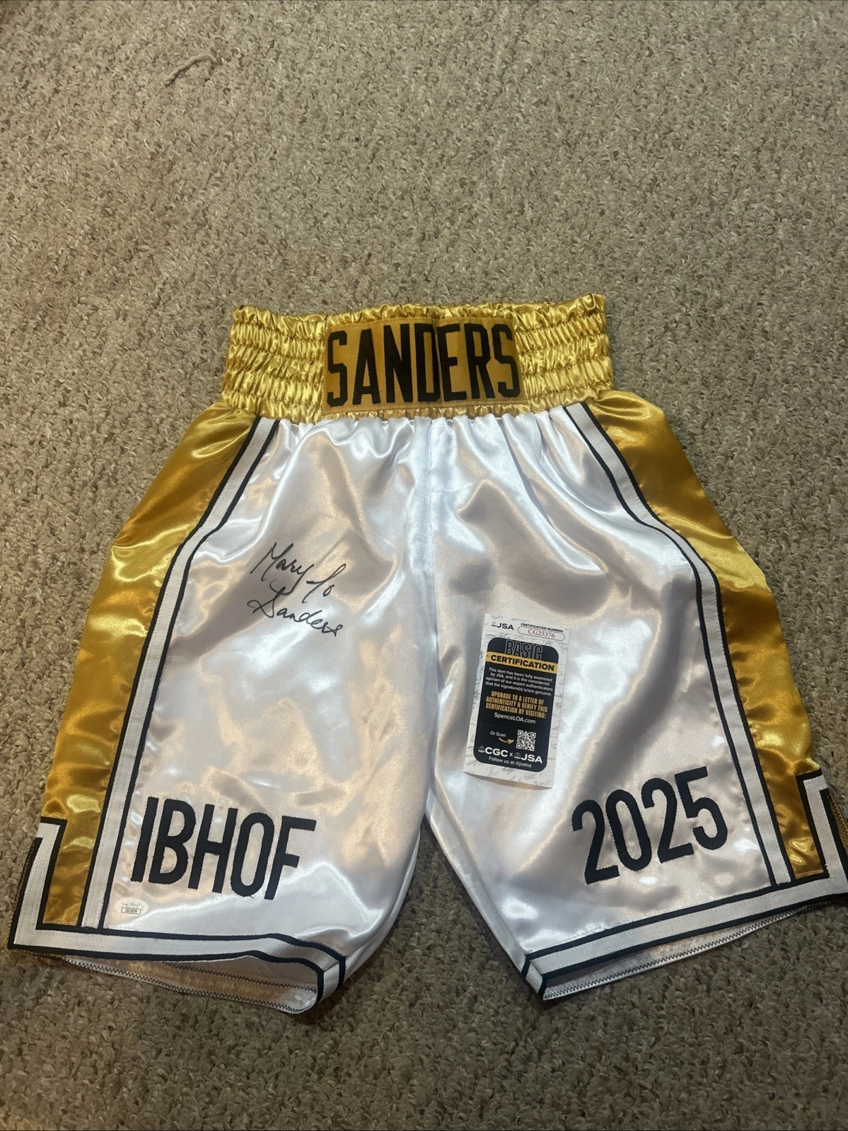 MARY JO SANDERS SIGNED AUTOGRAPH BOXING TRUNKS JSA COA HOF CHAMPION BOXER