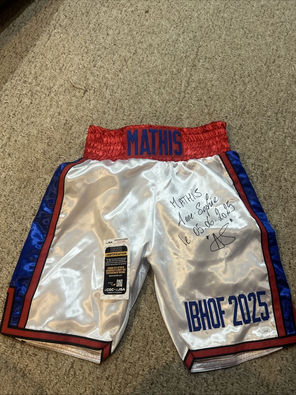 ANNE SOPHIE MATHIS SIGNED AUTOGRAPH BOXING TRUNKS JSA COA HOF BOXER CHAMPION