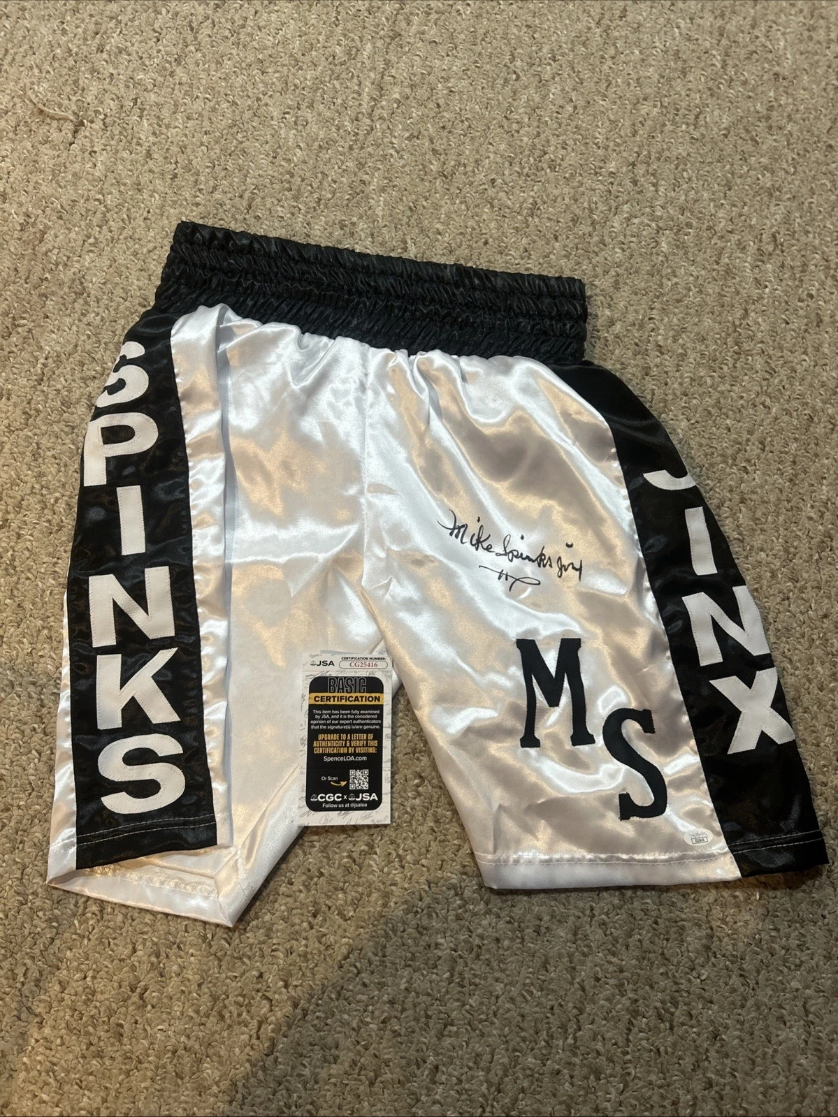 MIKE MICHAEL SPINKS JINX SIGNED AUTOGRAPH BOXING TRUNKS SHORTS JSA COA BOXER HOF