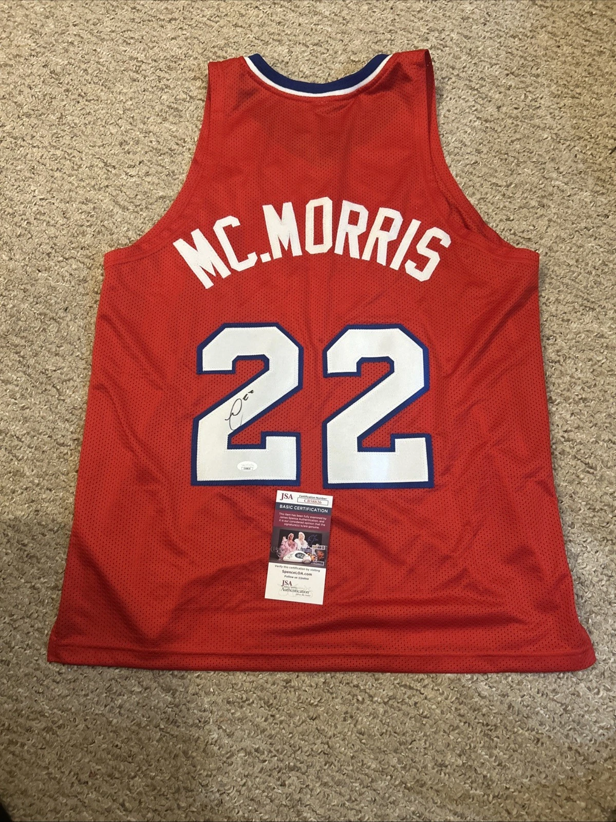 KANSAS JAYHAWKS- MARCUS MORRIS SIGNED AUTOGRAPH JERSEY JSA COA NBA STAR