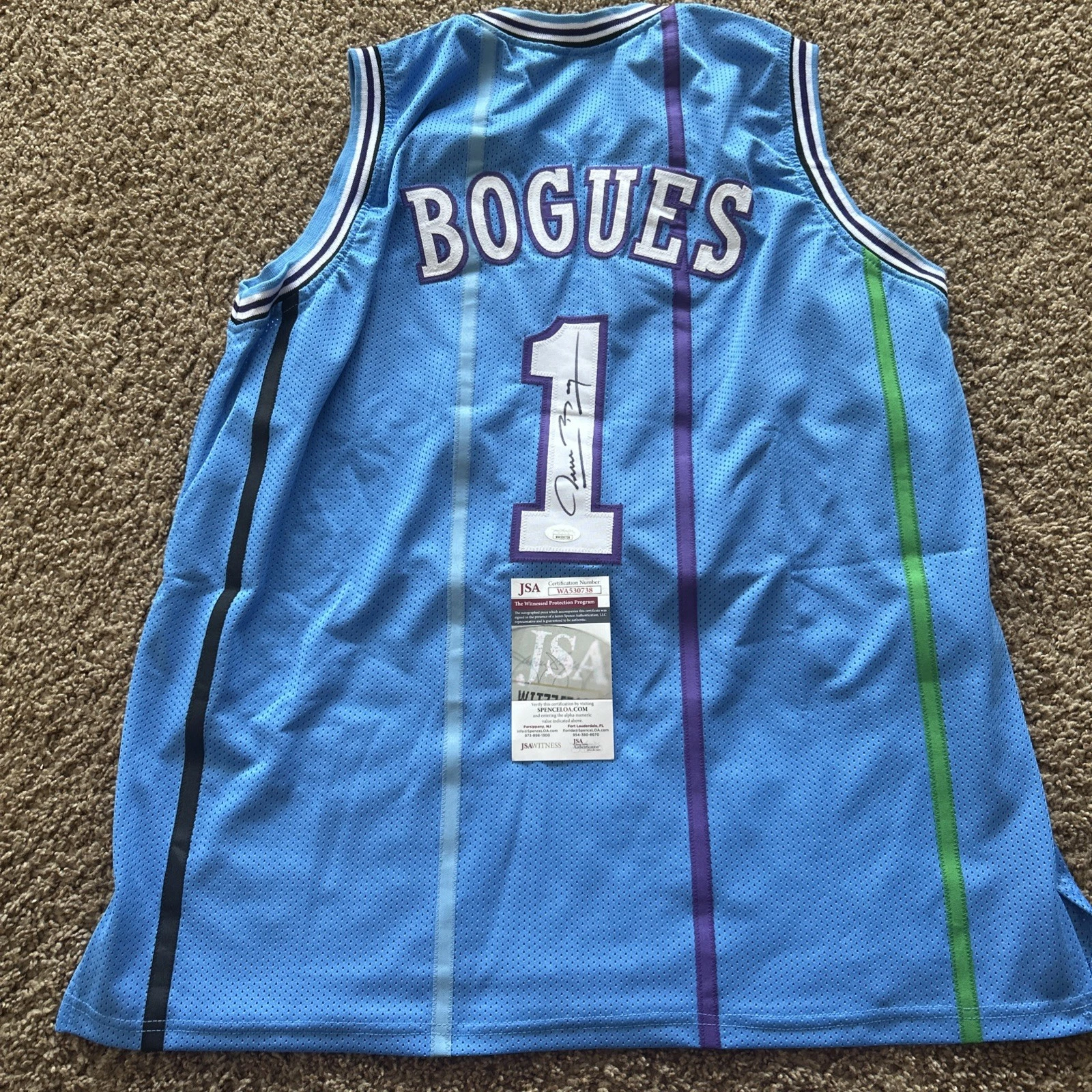 CHARLOTTE HORNETS- MUGGSY BOGUES SIGNED AUTOGRAPH JERSEY JSA COA NBA STAR