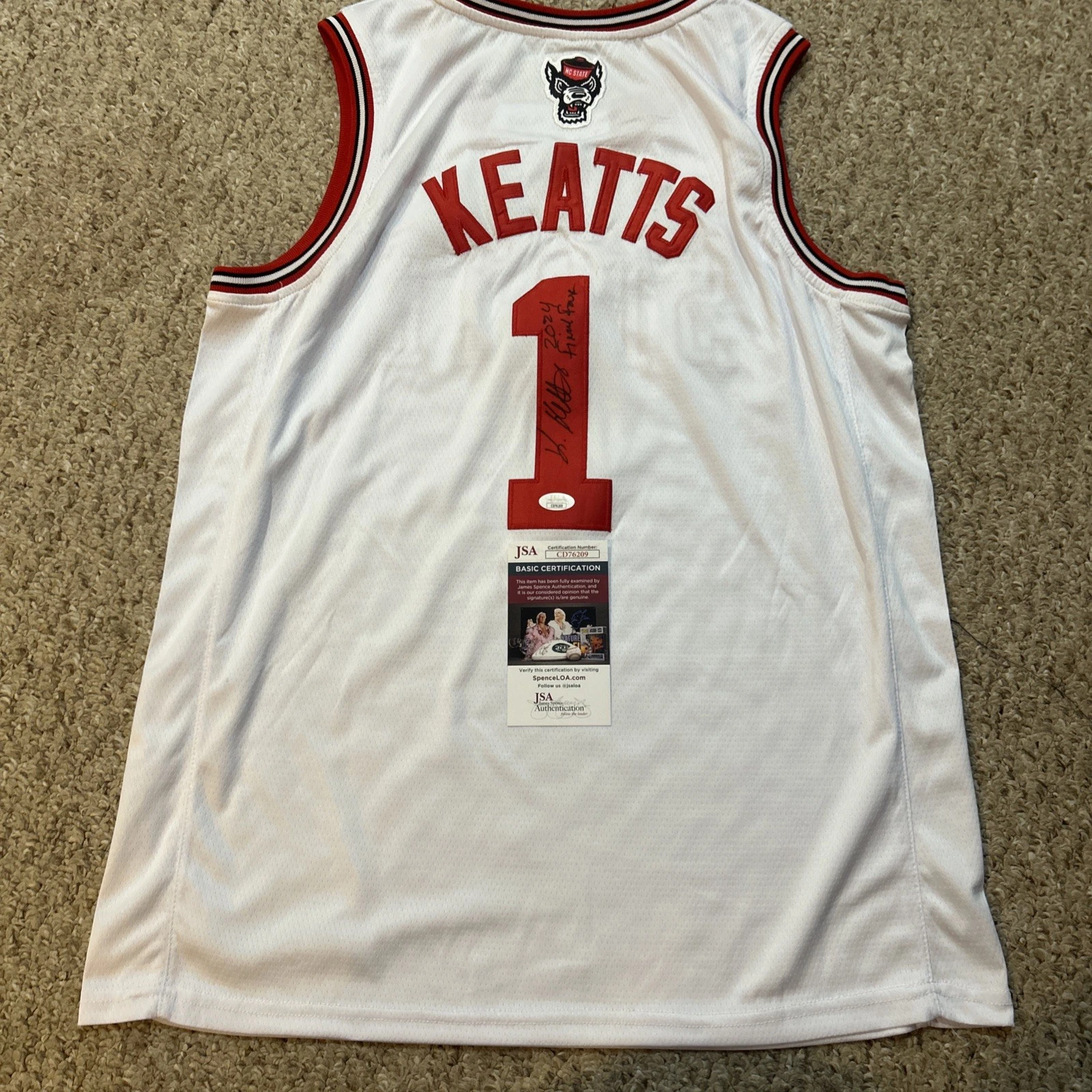 NC STATE WOLFPACK- KEVIN KEATTS SIGNED AUTOGRAPH JERSEY JSA COA 2024 FINAL FOUR