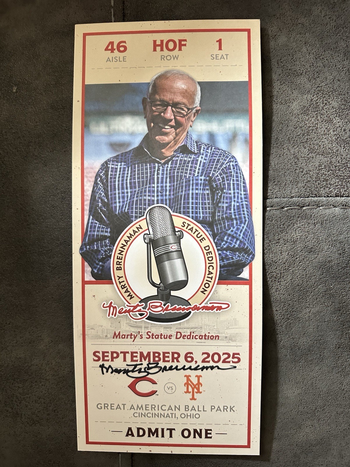 Marty Brennaman Signed 2025 Commemorative Ticket Cincinnati Reds Statue 9/6/25