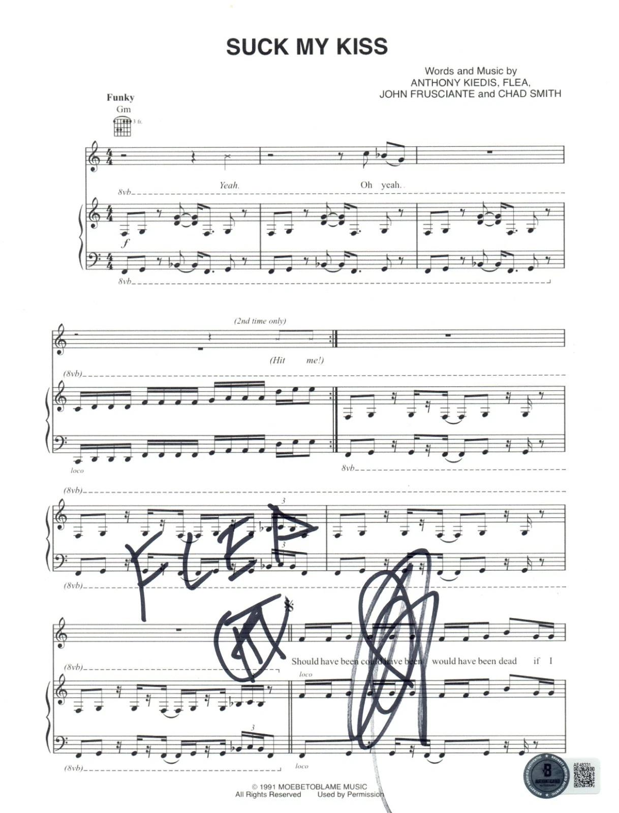 John Frusciante & Flea Signed Red Hot Chili Peppers Suck My Kiss Sheet Music BAS