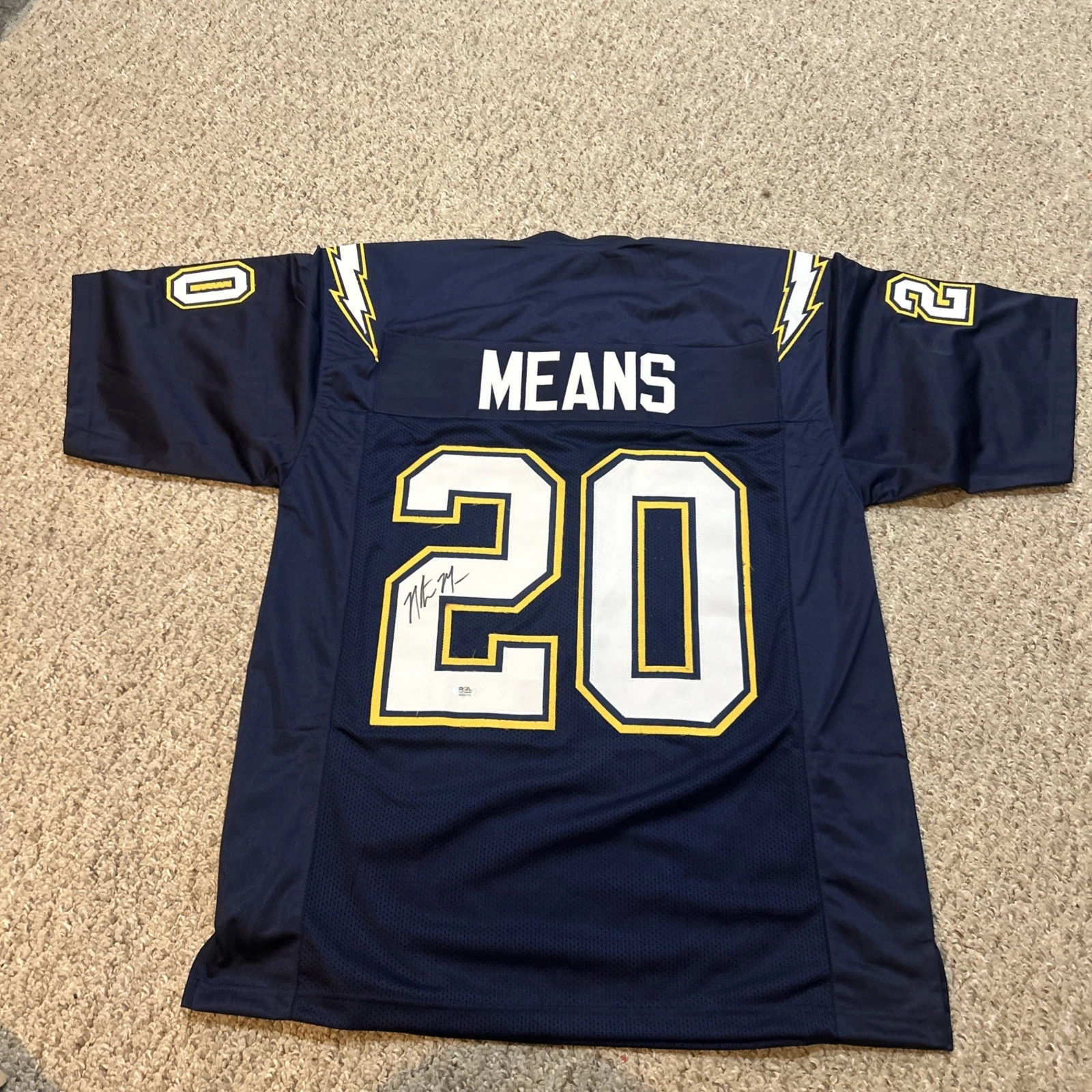 SAN DIEGO CHARGERS- NATRONE MEANS SIGNED AUTOGRAPH JERSEY PSA COA NFL STAR