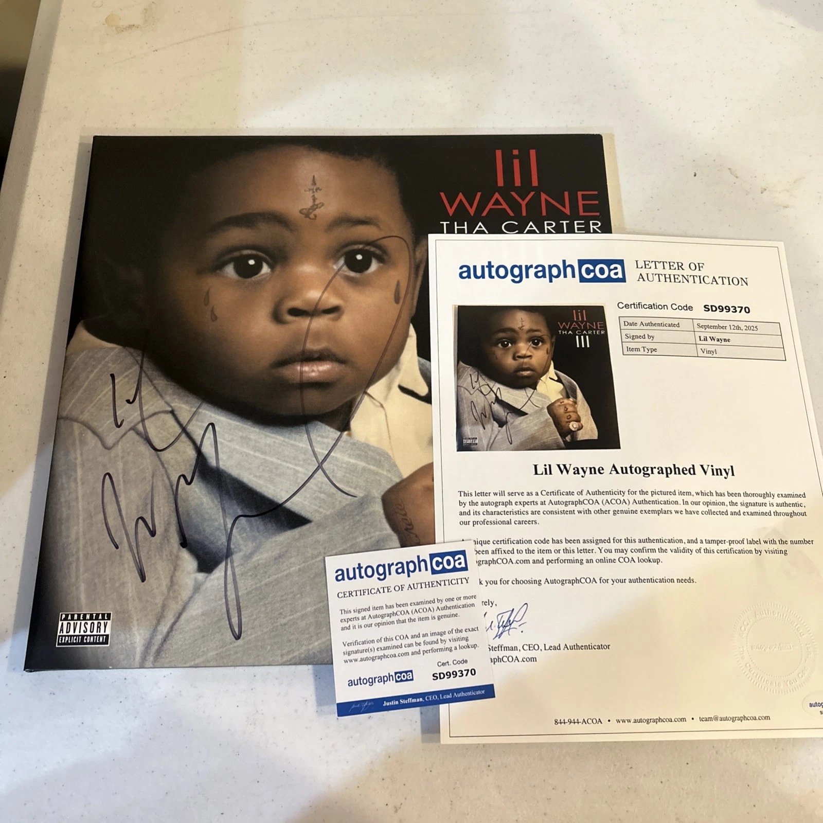 LIL WAYNE SIGNED AUTOGRAPH THA CARTER III VINYL ALBUM ACOA LETTER COA RECORD RAP