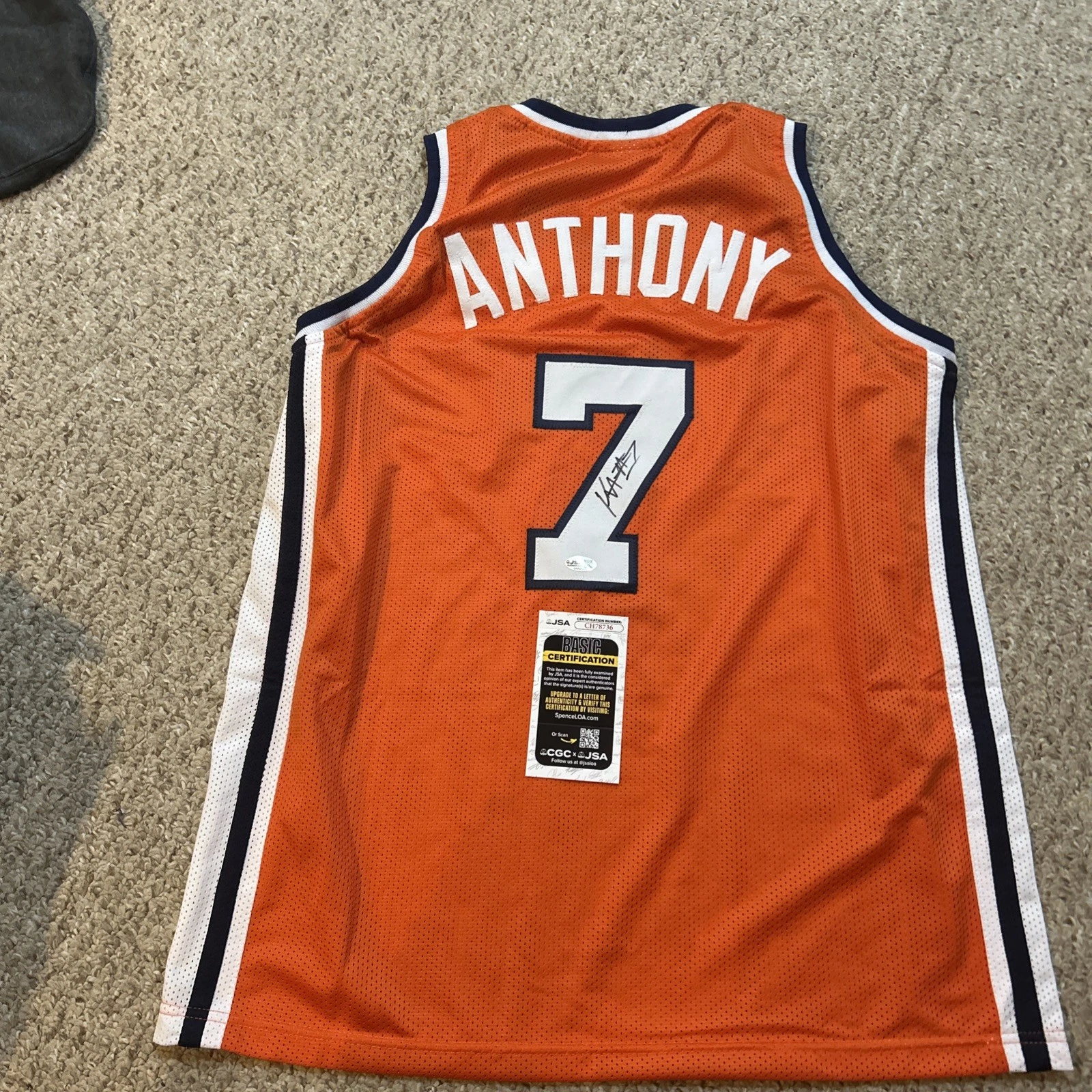 SYRACUSE ORANGE- KIYAN ANTHONY SIGNED AUTOGRAPH JERSEY JSA COA RARE BASKETBALL