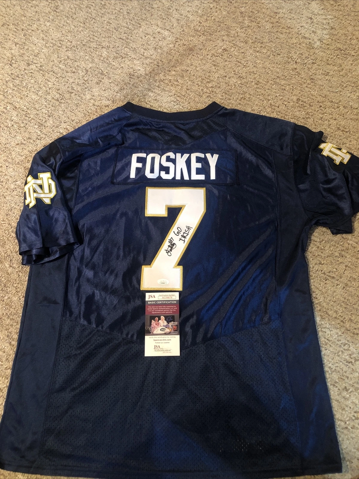 NOTRE DAME FIGHTING IRISH- ISAIAH FOSKEY SIGNED AUTOGRAPH JERSEY JSA COA NFL