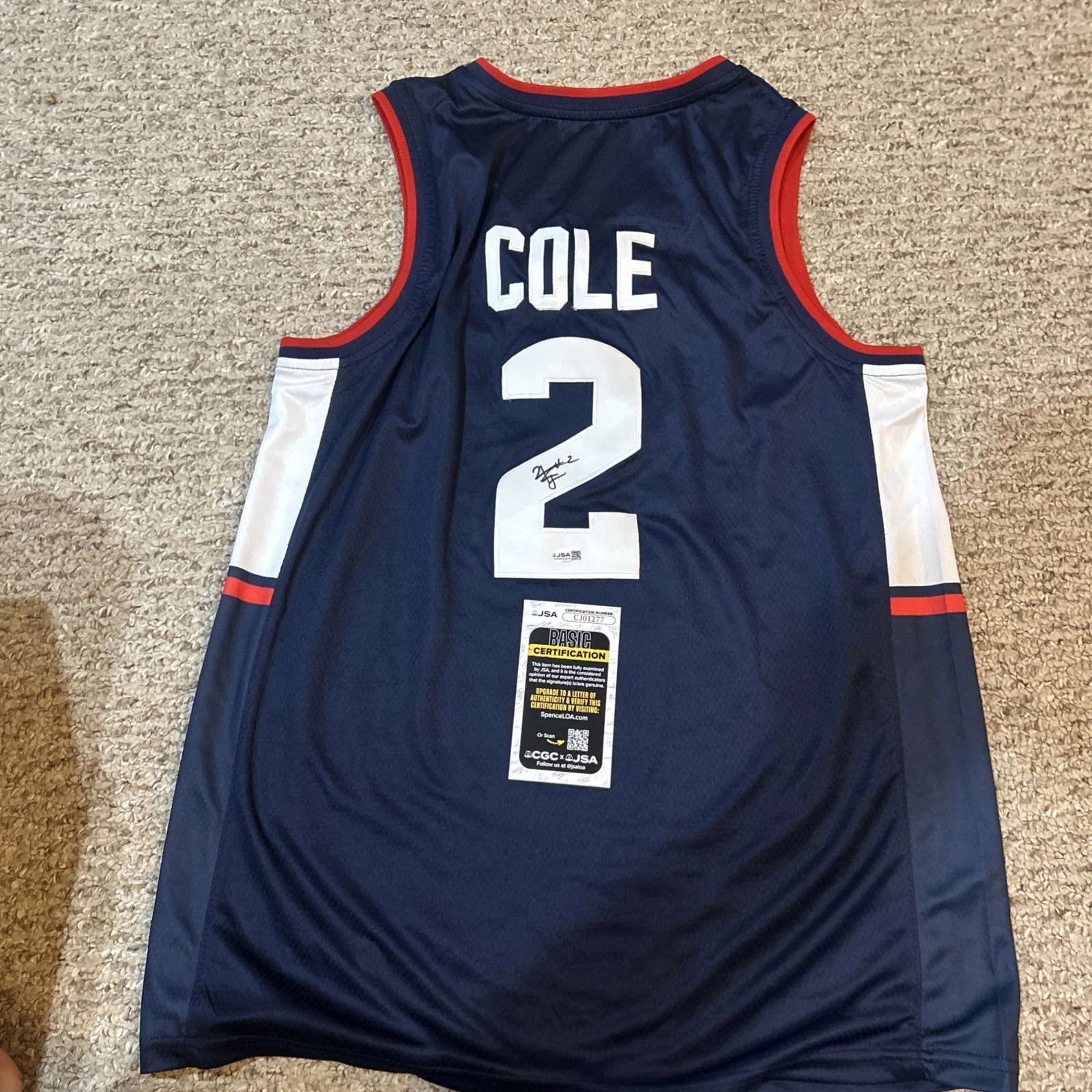 UCONN HUSKIES- RJ COLE SIGNED AUTOGRAPH JERSEY JSA COA BASKETBALL COLLECTIBLE MEMORABILIA