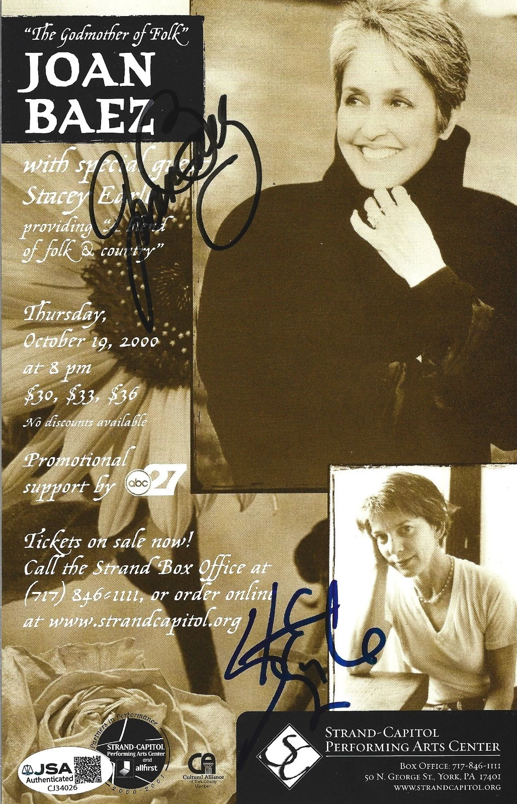 Joan Baez & Stacey Earle REAL hand SIGNED Flyer #2 JSA COA Autographed Steve