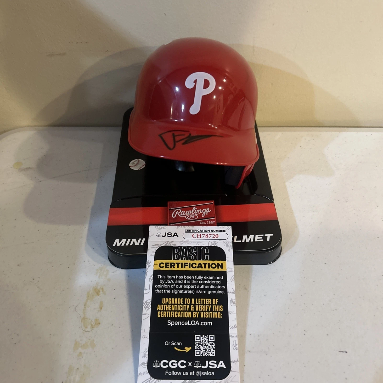 PHILADELPHIA PHILLIES- JUSTIN CRAWFORD SIGNED AUTOGRAPH MINI HELMET JSA COA