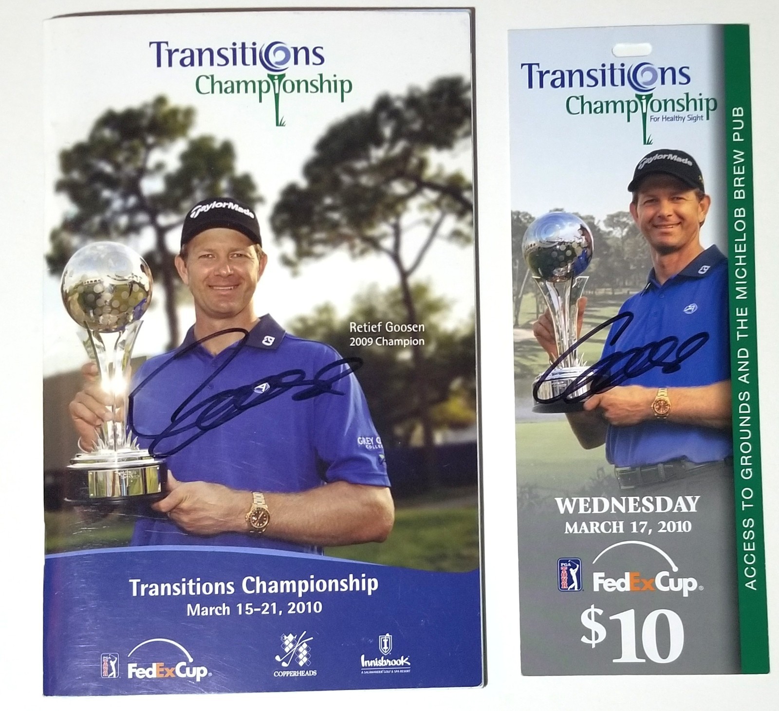 Retief Goosen REAL hand 2x SIGNED 2010 Championship Program and Bookmark COA