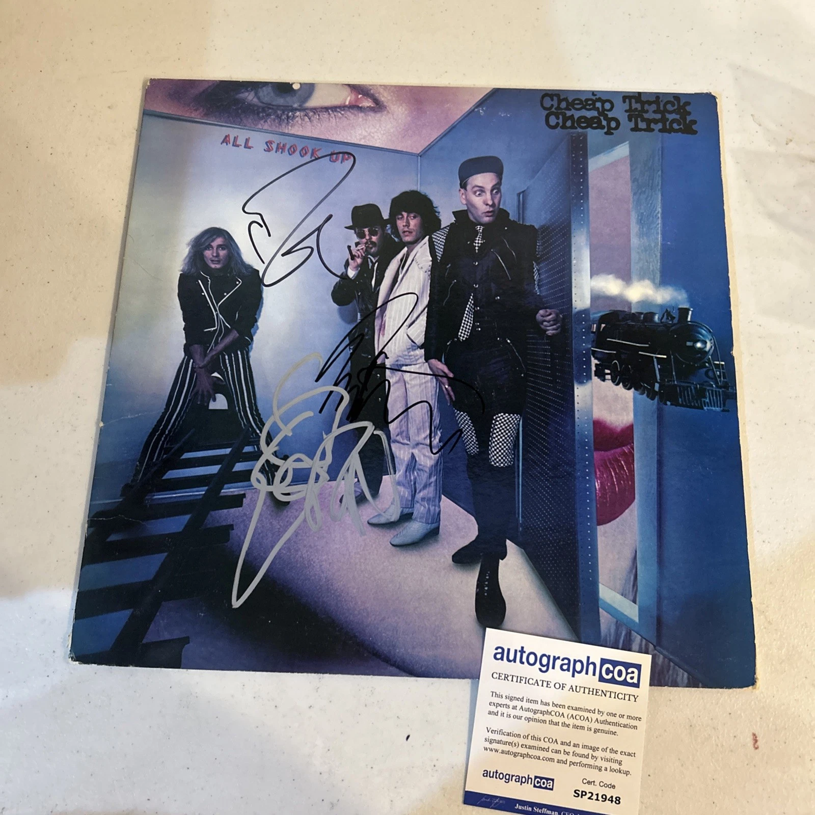 CHEAP TRICK SIGNED AUTOGRAPH VINYL ALBUM ALL SHOOK UP RECORD RICK ROBIN & TOM