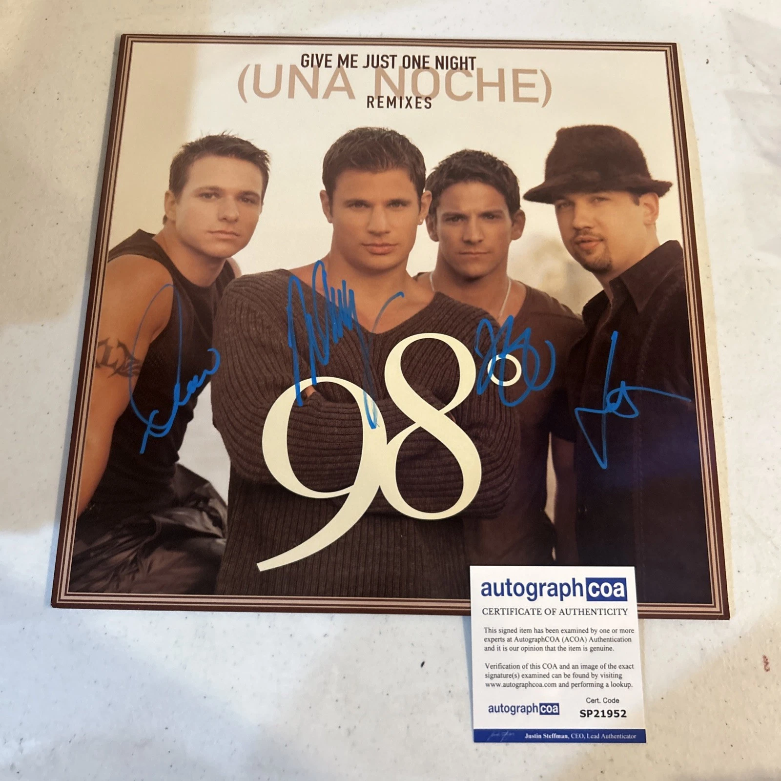 98 DEGREES SIGNED AUTOGRAPH VINYL ALBUM ACOA GIVE ME JUST ONE NIGHT RECORD LP