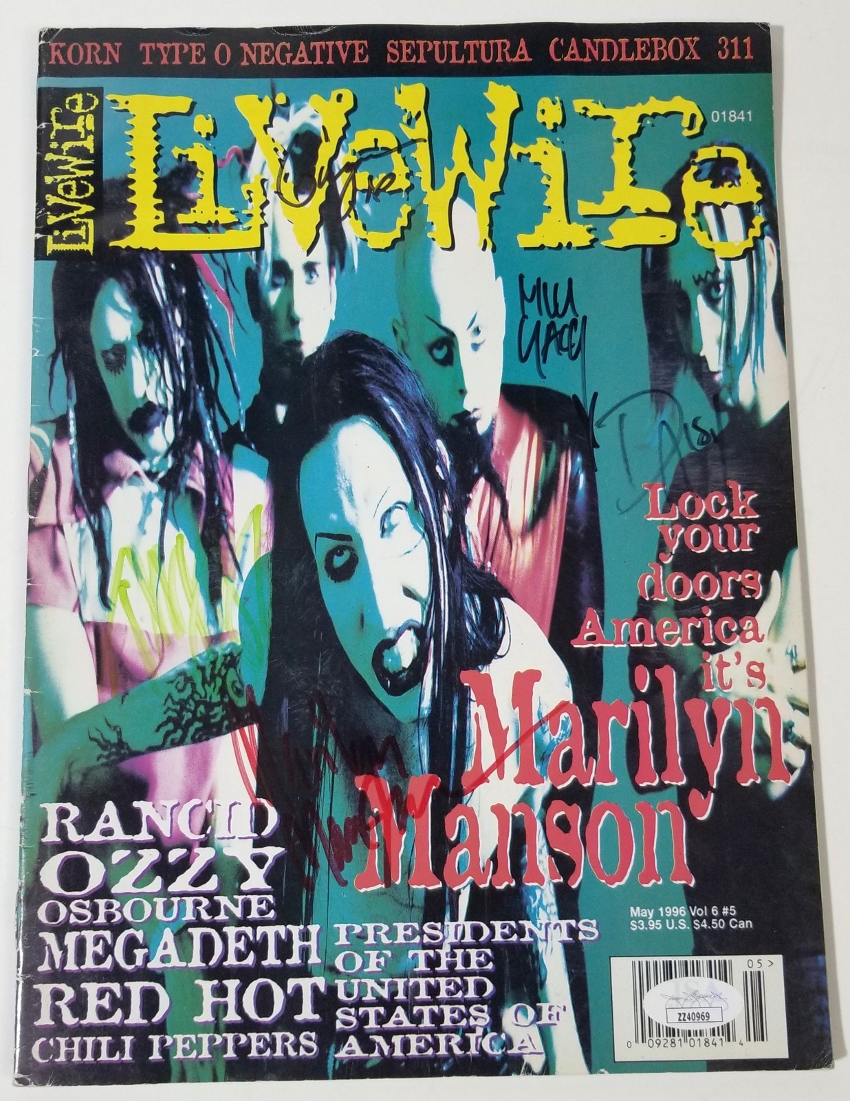 Marilyn Manson full band hand SIGNED 1995 Livewire Magazine JSA LOA Autographed