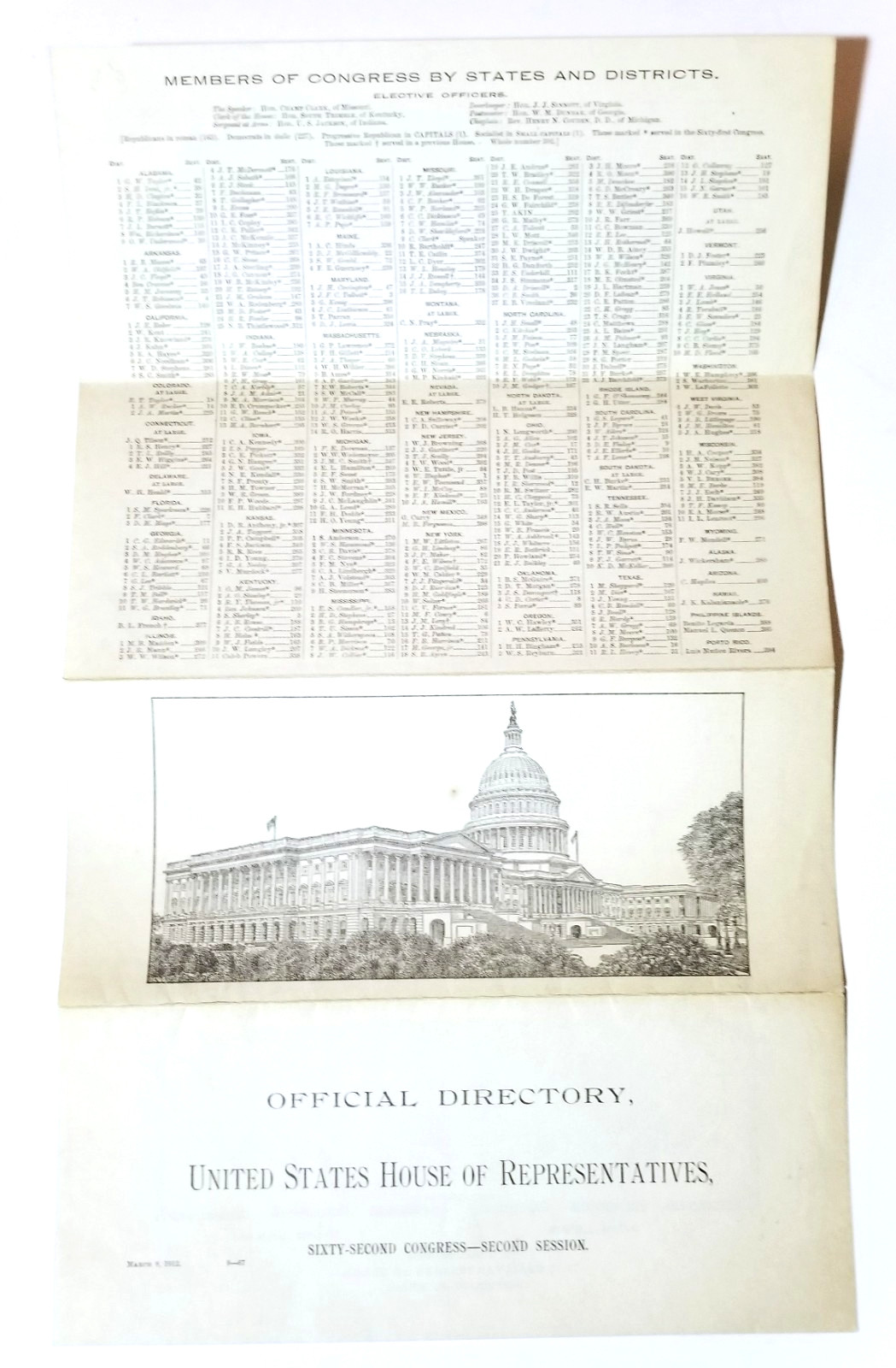 1912 OFFICIAL DIRECTORY FOR THE UNITED STATES HOUSE OF REPRESENTATIVES TITANIC COLLECTIBLE MEMORABILIA