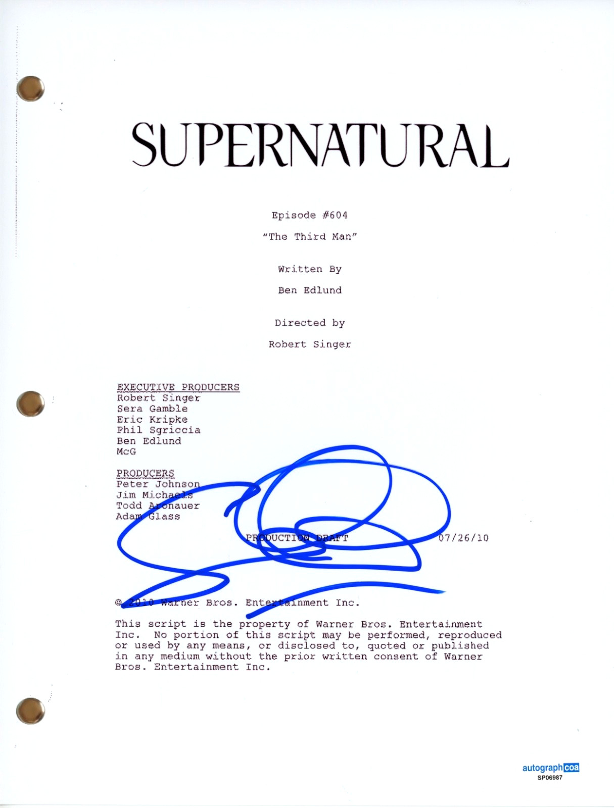 Sebastian Roche Supernatural Signed Autograph Episode 604 Script Balthazar ACOA