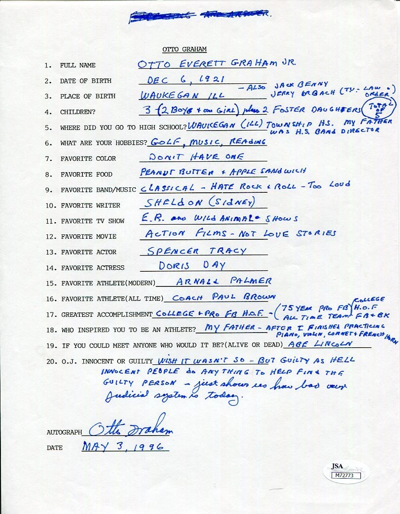 OTTO GRAHAM HAND SIGNED+FILLED OUT 20 QUESTIONS    CLEVELAND BROWNS  RARE    HOF