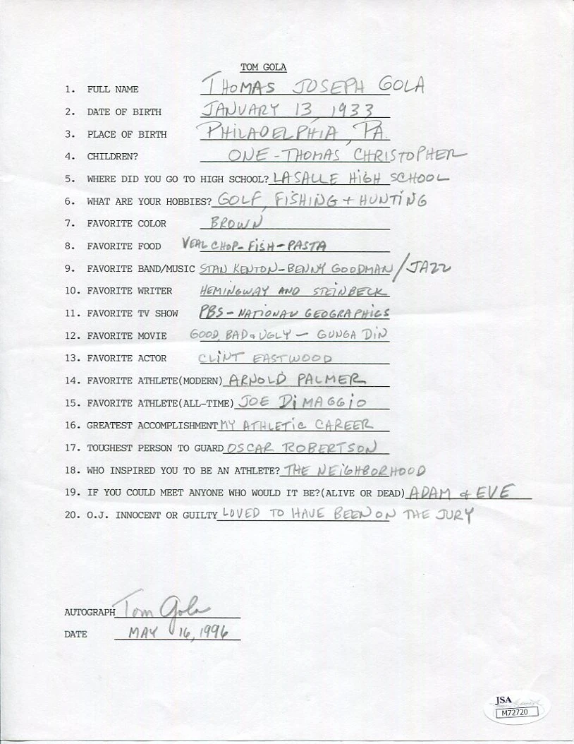 TOM GOLA HAND SIGNED+FILLED OUT 20 QUESTIONS      BASKETBALL HOF  76ers      JSA