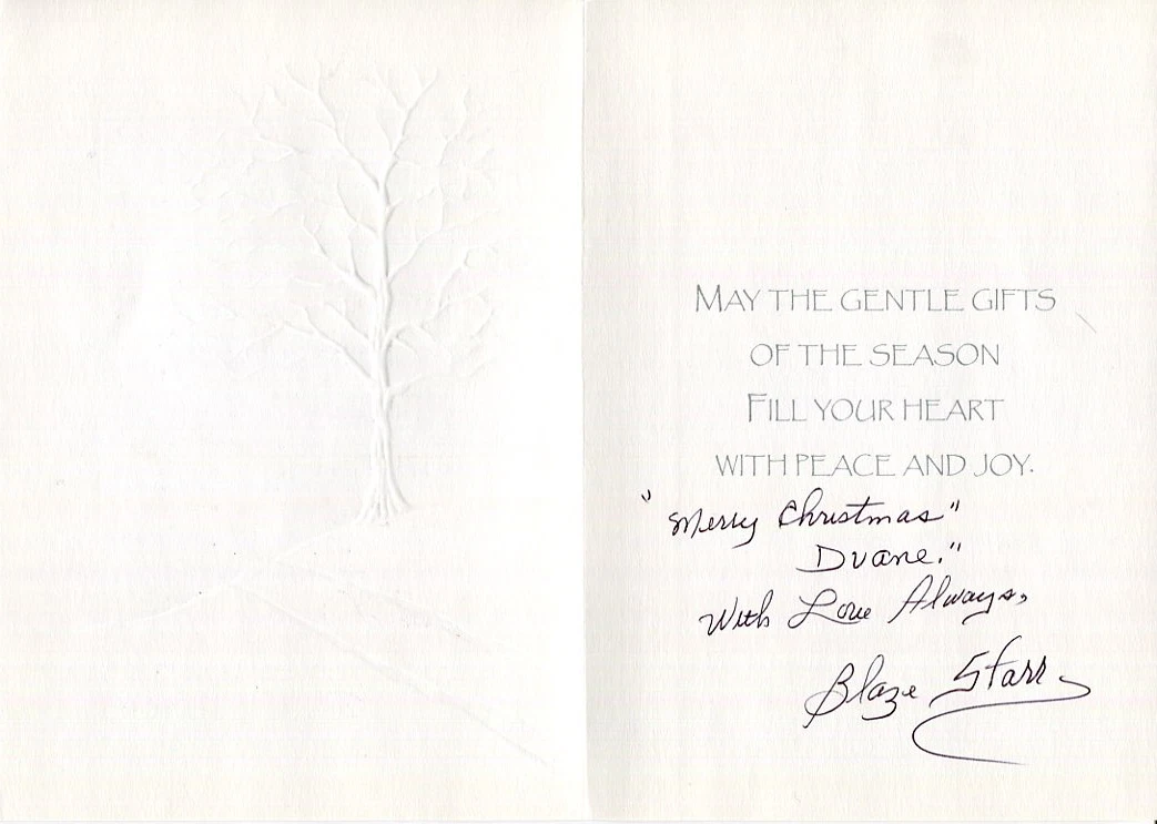 BLAZE STARR HAND SIGNED CHRISTMAS CARD+COA          AWESOME+RARE COLLECTIBLE MEMORABILIA