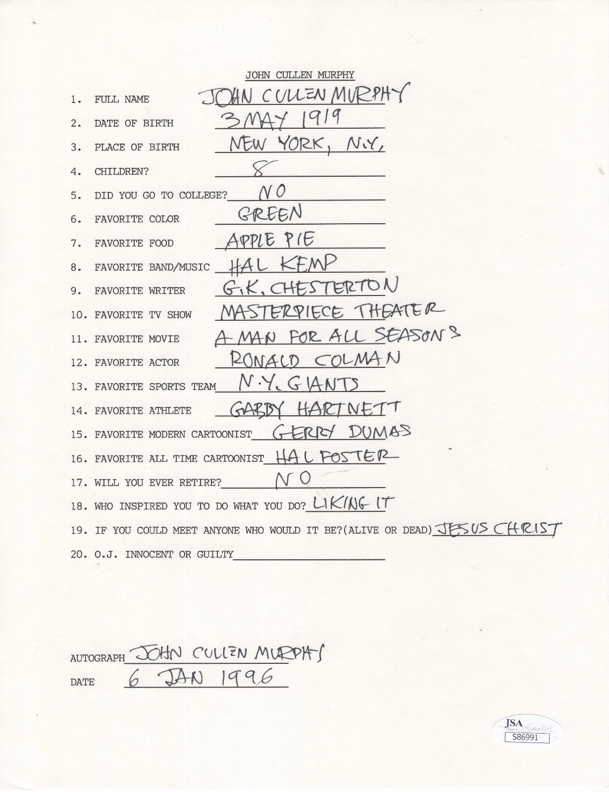 JOHN CULLEN MURPHY HAND SIGNED+FILLED OUT 20 QUESTION     PRINCE VALIANT    JSA