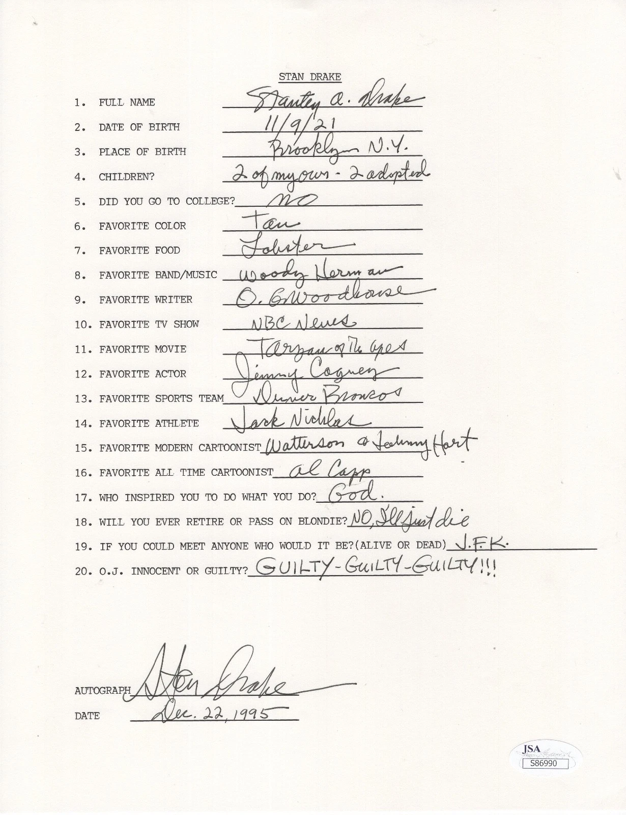 STAN DRAKE HAND SIGNED+FILLED OUT 20 QUESTIONS     BLONDIE CARTOONIST      JSA COLLECTIBLE MEMORABILIA