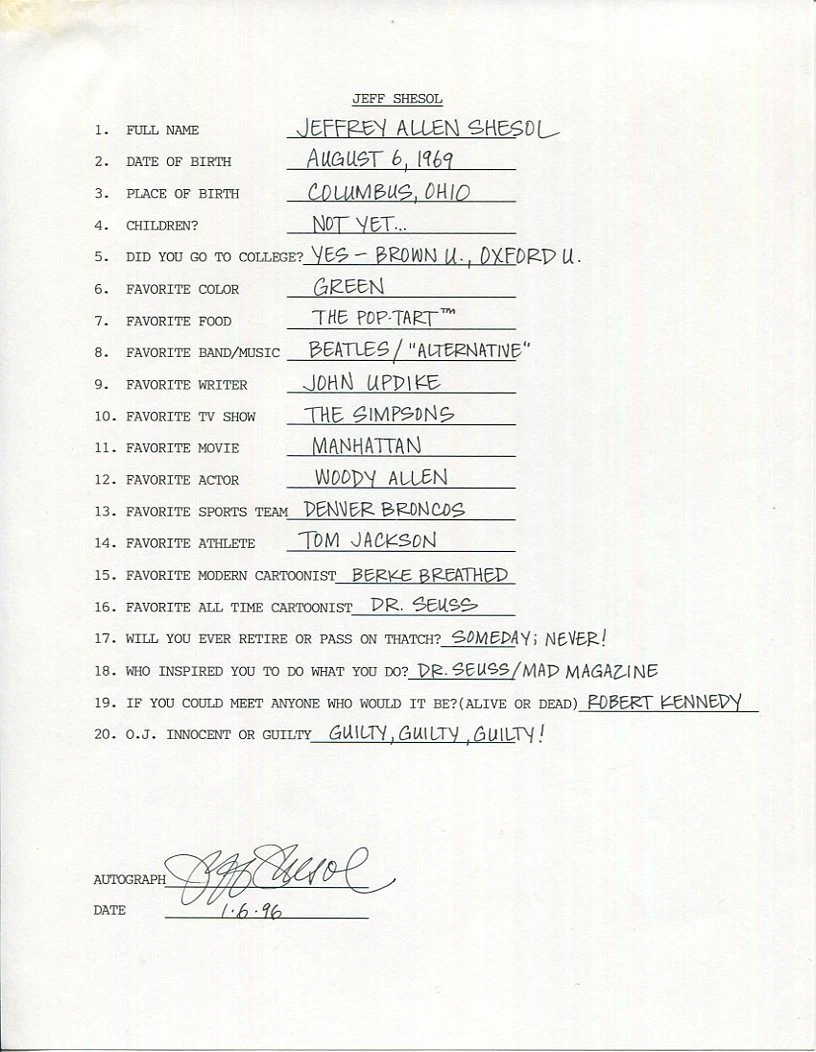 JEFF SHESOL HAND SIGNED+FILLED OUT 20 QUESTIONS+COA    GREAT CARTOONIST   THATCH