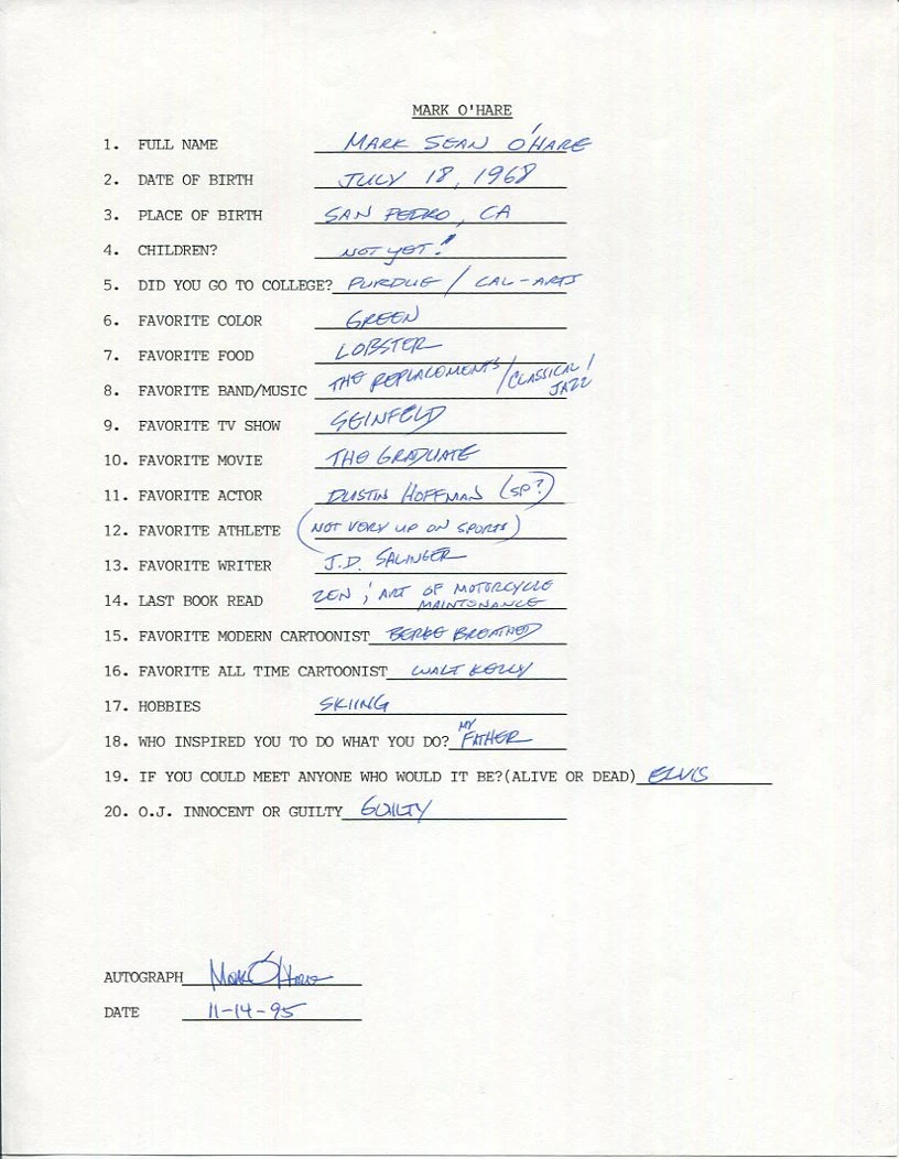 MARK O'HARE HAND SIGNED+FILLED OUT 20 QUESTIONS+COA       CITIZEN DOG CARTOONIST