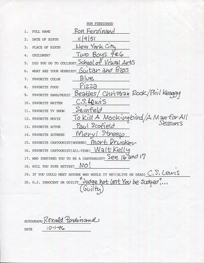 RON FERDINAND SIGNED+FILLED OUT 20 QUESTIONS+COA    DENNIS THE MENACE CARTOONIST