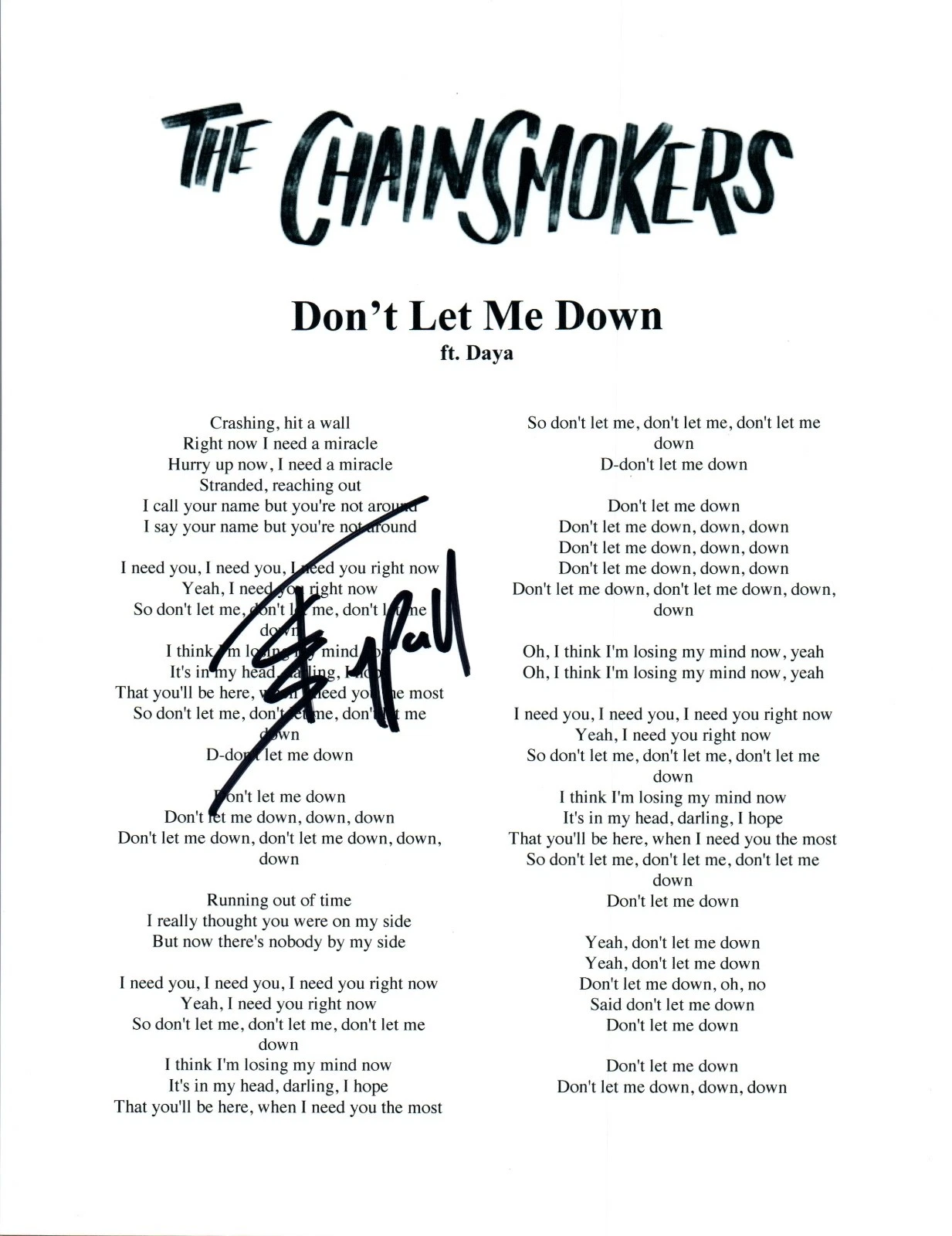 Alex Pall Signed Autographed The Chainsmokers DON'T LET ME DOWN Lyric Sheet COA