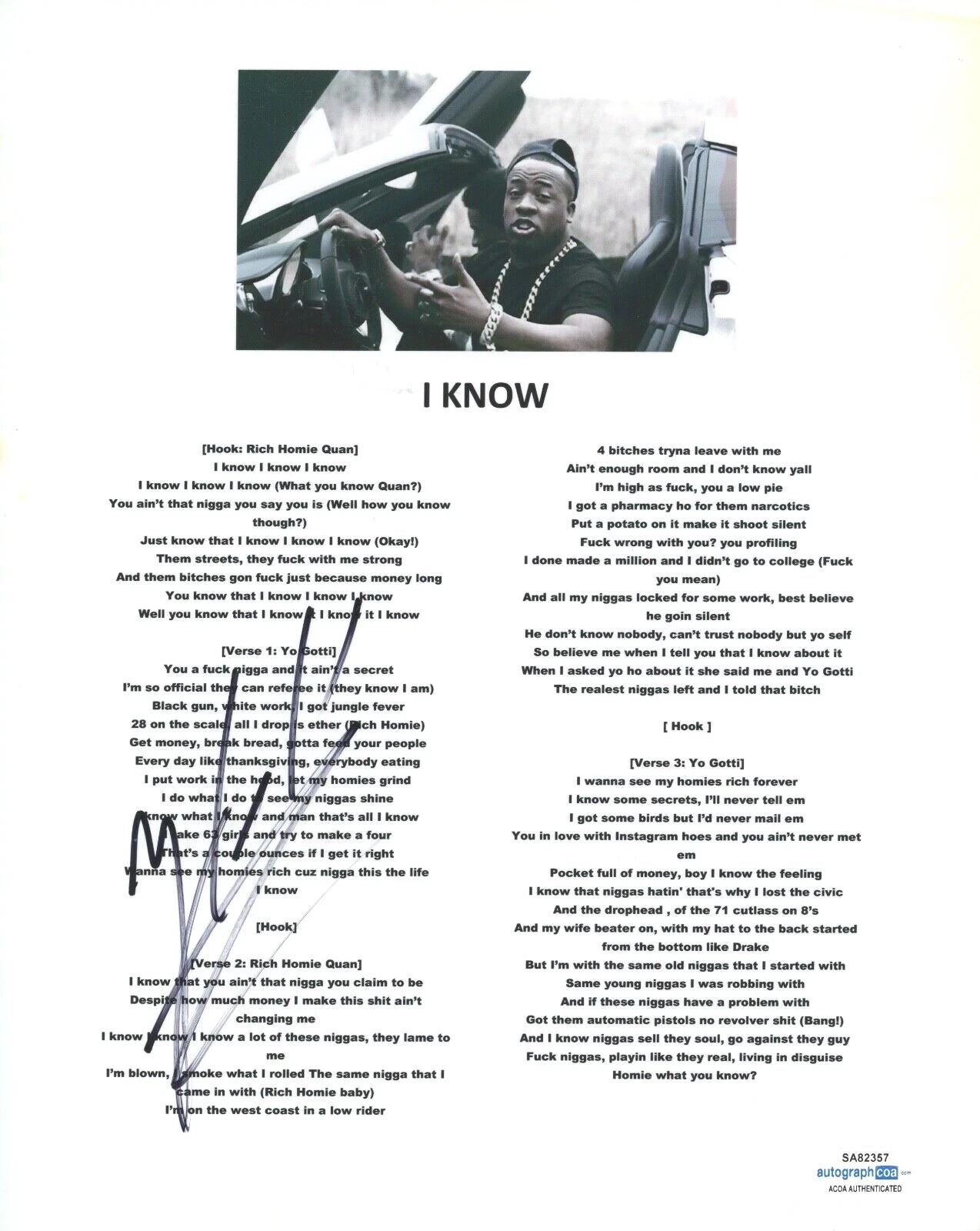 YO GOTTI SIGNED AUTOGRAPHED I KNOW SONG LYRIC SHEET RAPPER HIP HOP ACOA COA COLLECTIBLE MEMORABILIA