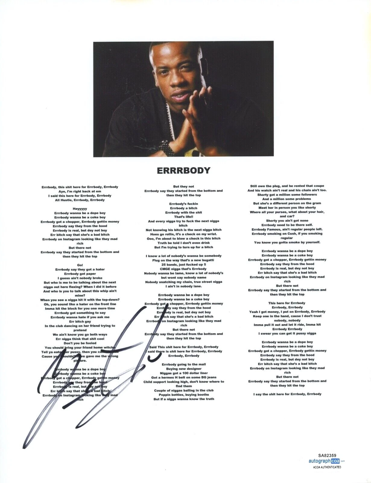 YO GOTTI SIGNED AUTOGRAPHED ERRRBODY SONG LYRIC SHEET RAPPER HIP HOP ACOA COA COLLECTIBLE MEMORABILIA