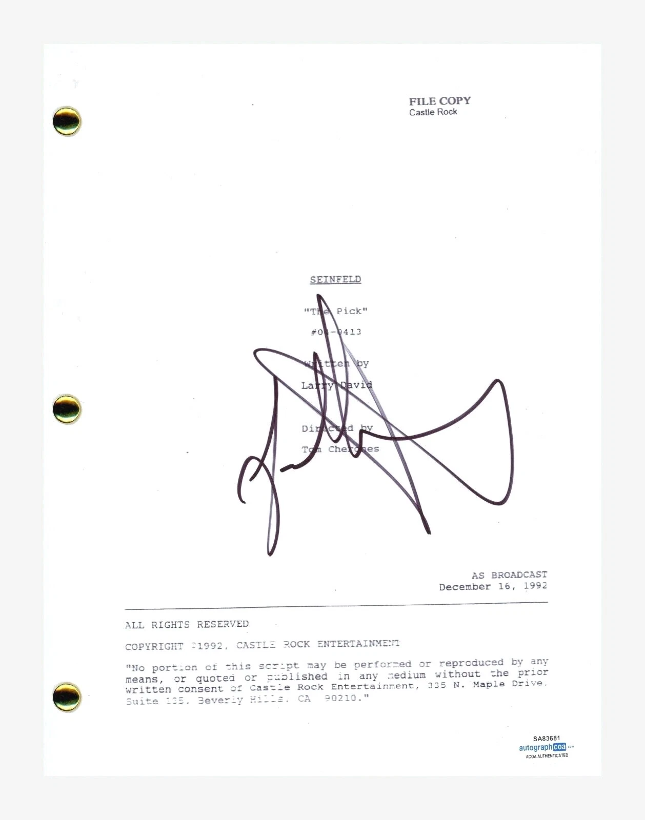 Jason Alexander Signed Autographed Seinfeld The Pick Episode Script ACOA COA