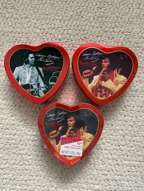 ELVIS PRESLEY LOT OF 3 VINTAGE RUSSELL STOVER CANDY TINS   1 IN ORIGINAL PLASTIC