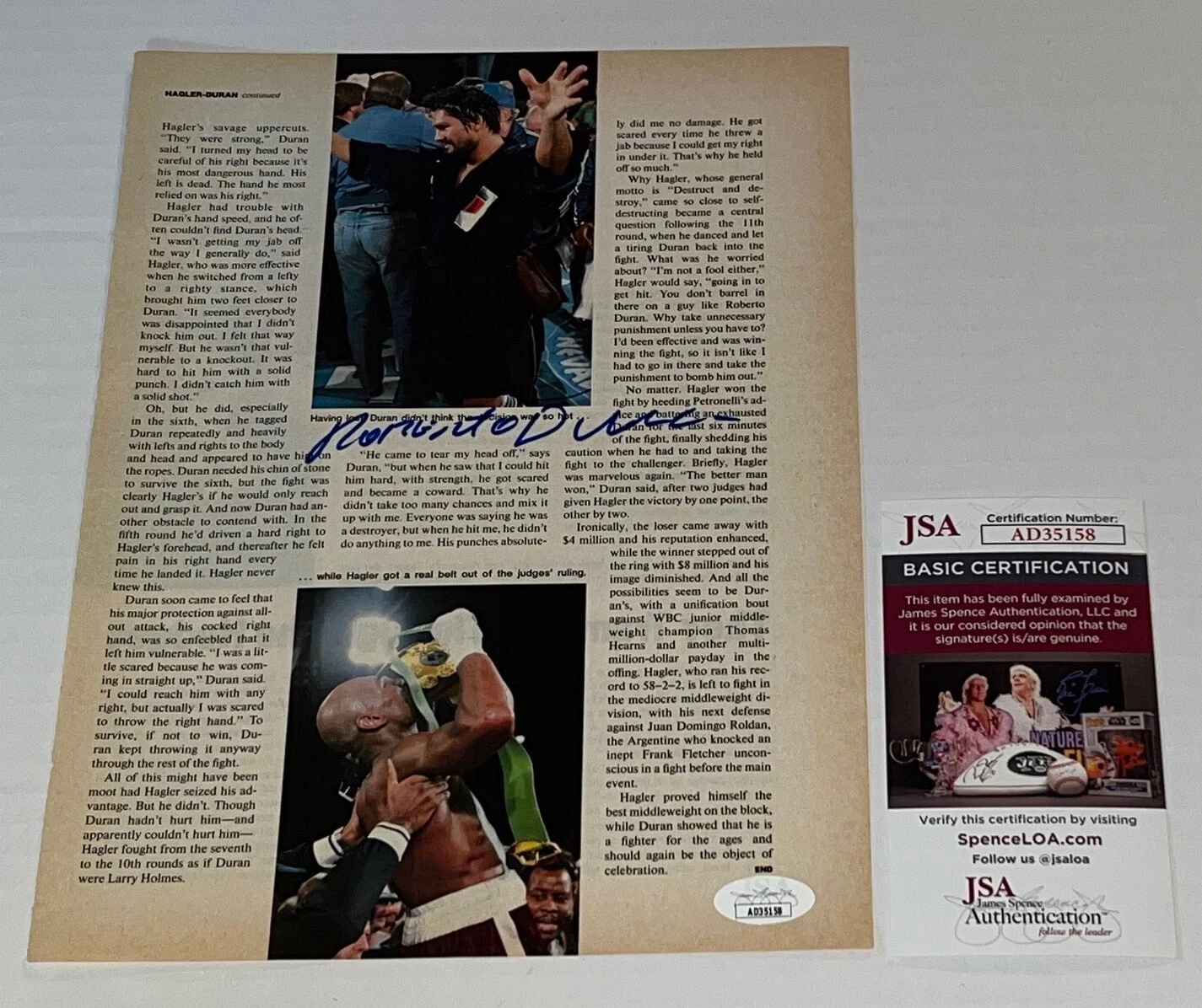 Roberto Duran signed Magazine Page Boxing Champ autographed #2 JSA