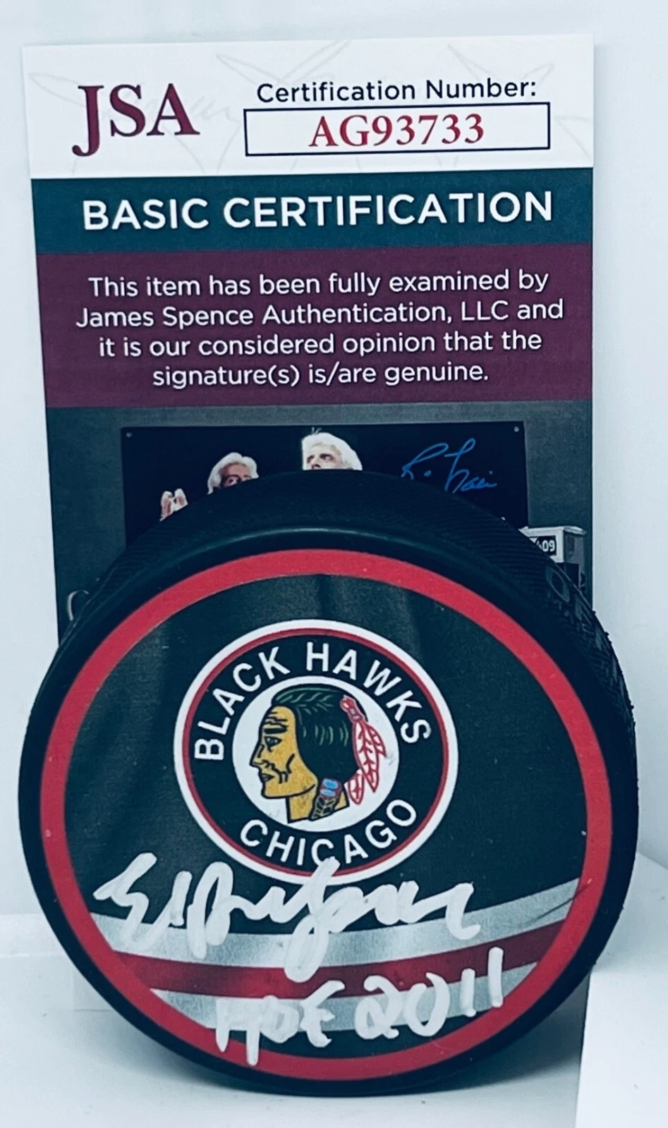 Ed Belfour signed Chicago Blackhawks Reverse Retro Puck autographed W/ HOF JSA