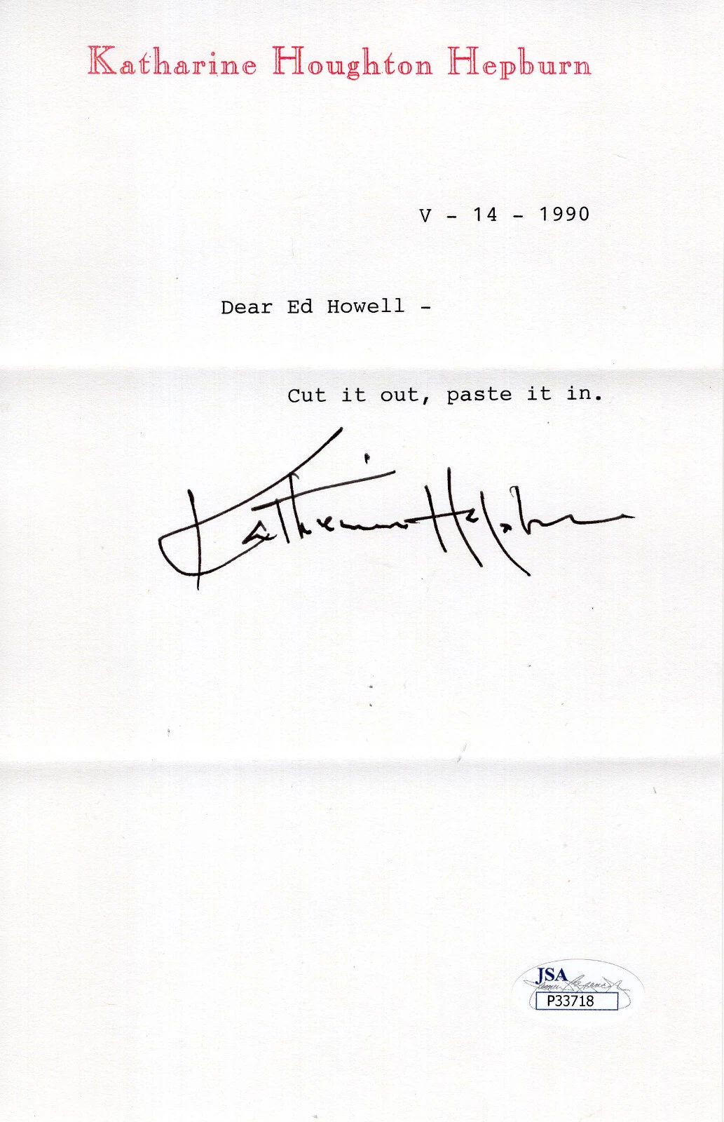 KATHARINE HEPBURN SIGNED LETTER ON LETTERHEAD      CUT IT OUT+PASTE IT IN    JSA