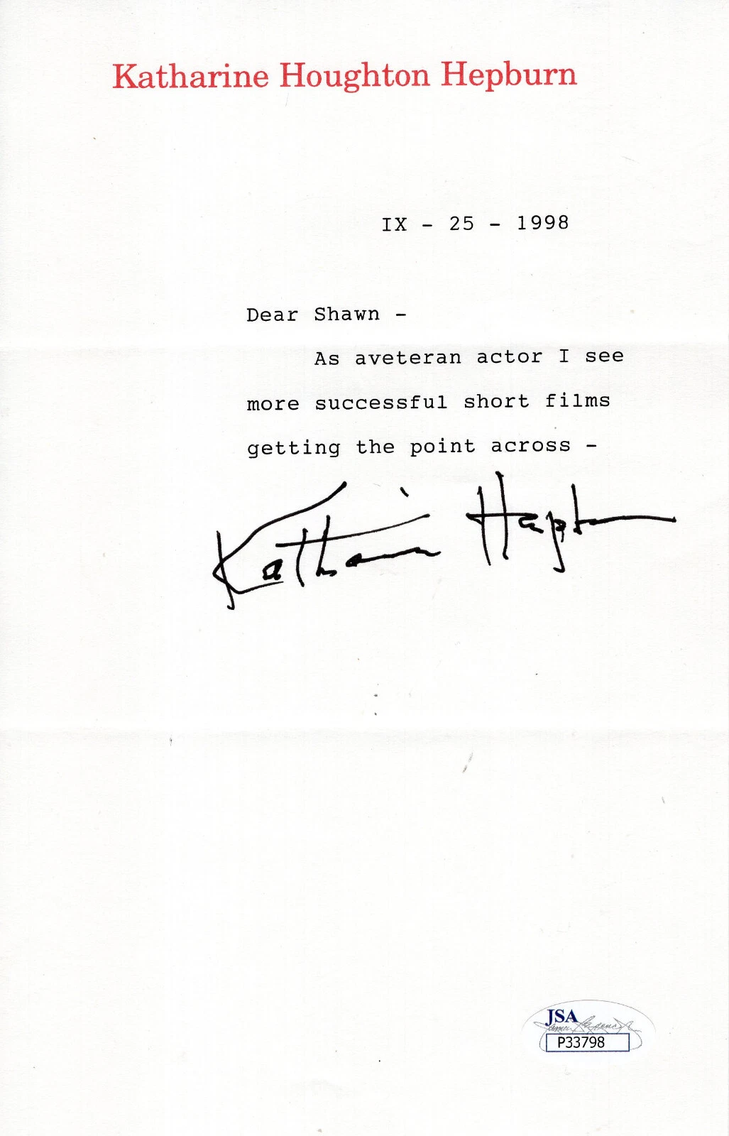 KATHARINE HEPBURN HAND SIGNED LETTER ON LETTERHEAD     AS VETERAN ACTOR      JSA