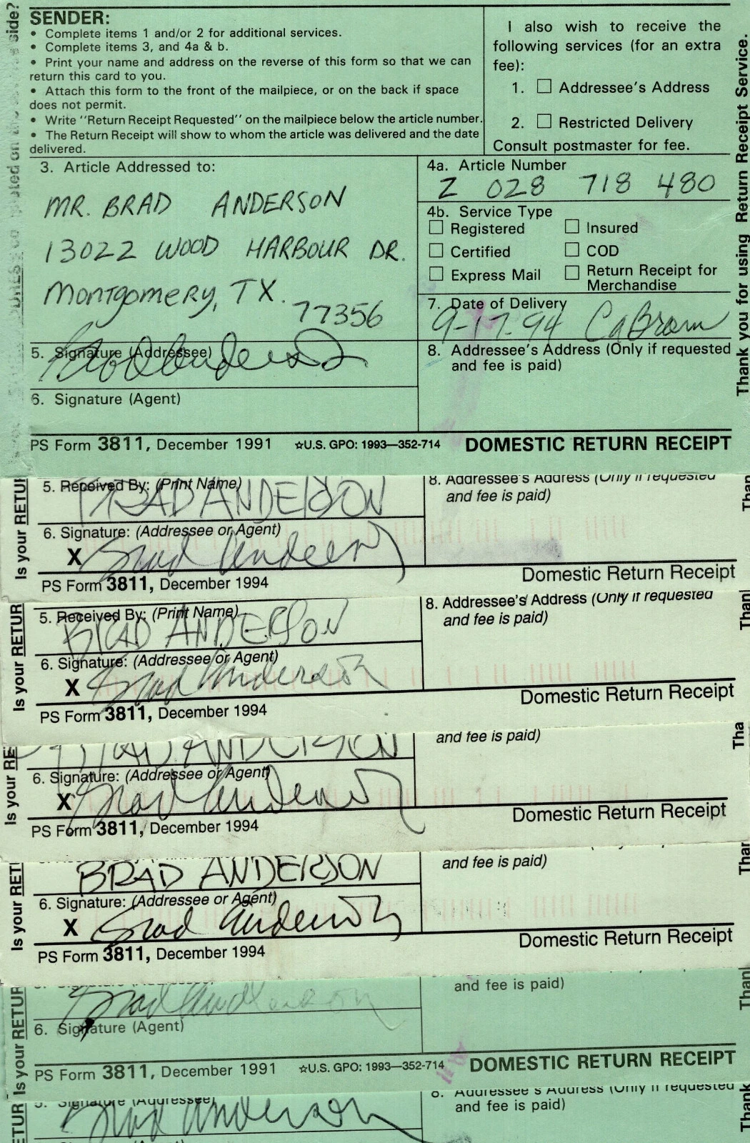 BRAD ANDERSON LOT OF 7 HAND SIGNED POSTAL CARDS+COA         MARMADUKE CARTOONIST COLLECTIBLE MEMORABILIA