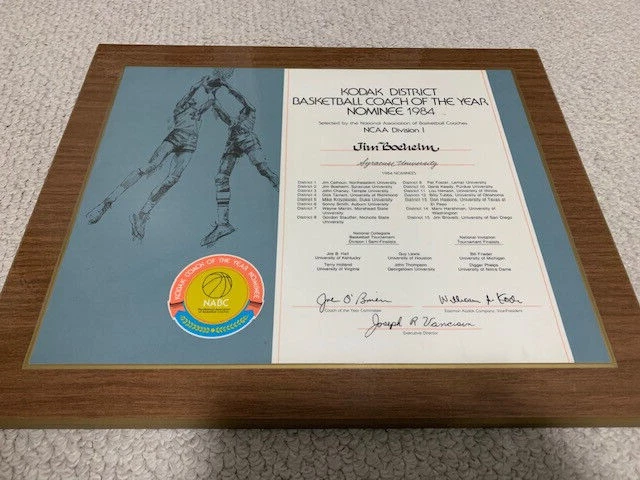 JIM BOEHEIM PERSONALLY OWNED KODAK COACH OF YEAR NOMINEE AWARD 1984     SYRACUSE