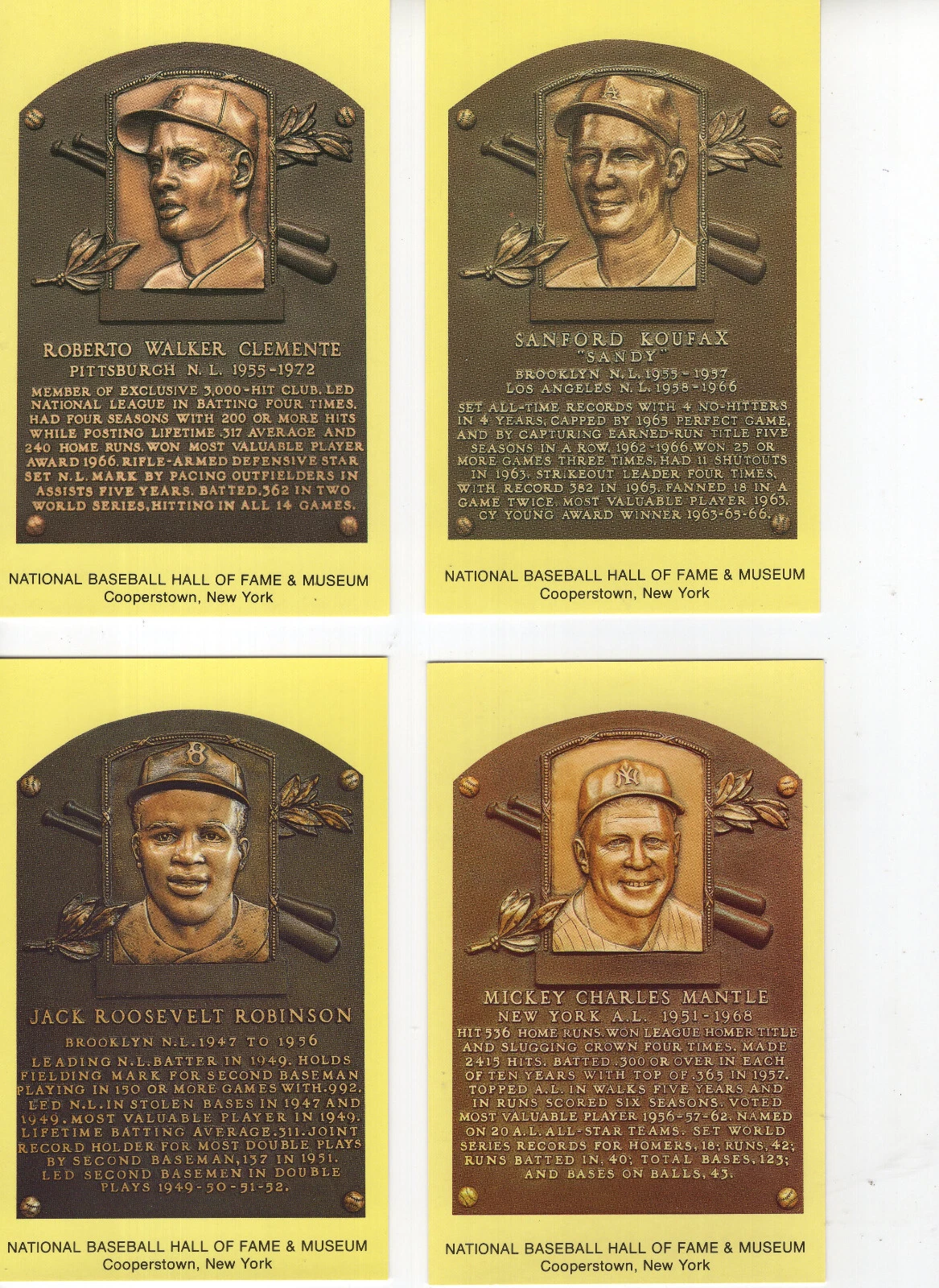 MANTLE+SEAVER+BENCH+MUSIAL+BERRA BASEBALL HOF GOLD PLAQUE POSTCARDS    LOT OF 16
