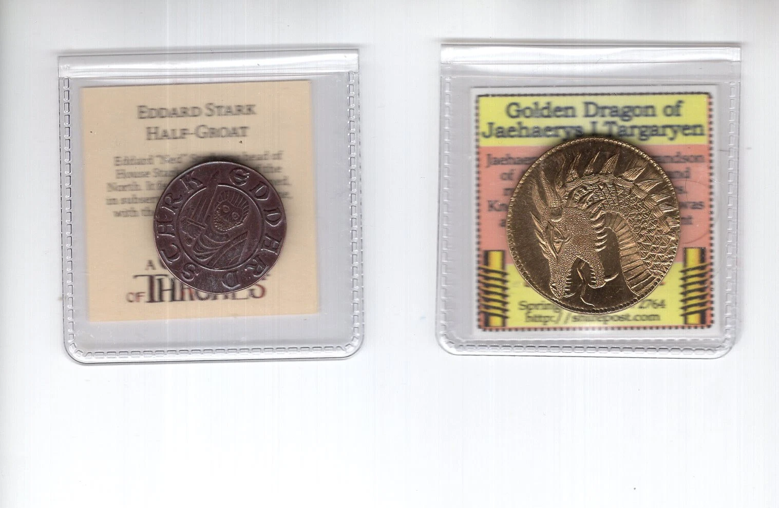 GAME OF THRONES LOT OF 2 COINS   EDDARD STARK HALF GROAT+GOLDEN DRAGON JAEHAERYS