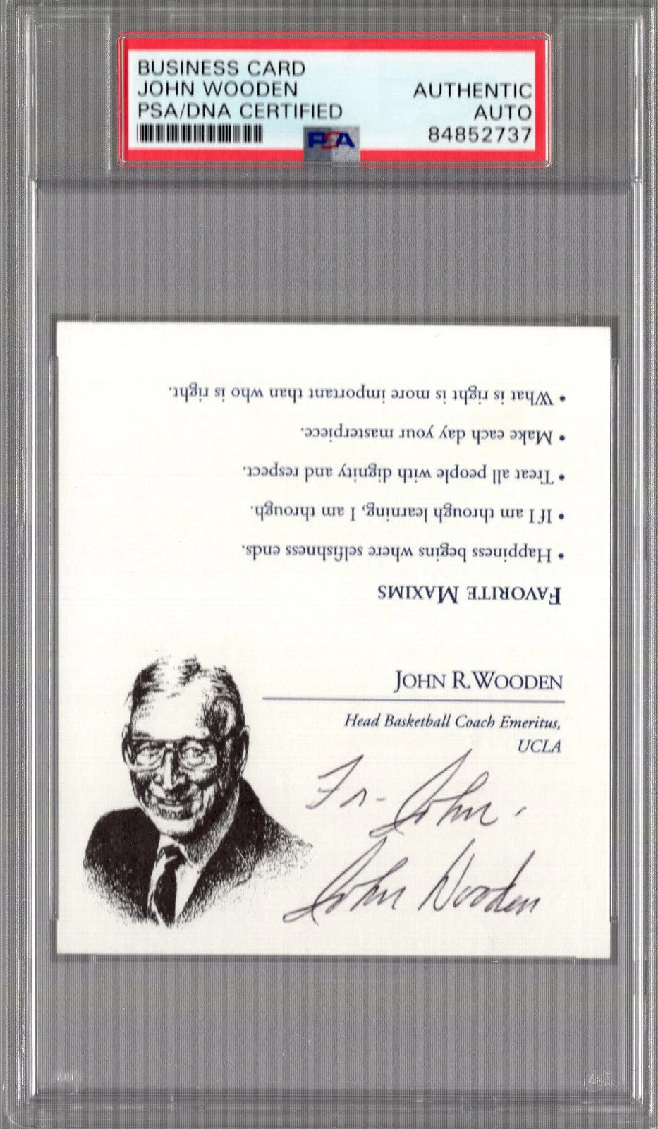 JOHN WOODEN HAND SIGNED PYRAMID OF SUCCESS BUSINESS CARD     TO JOHN    PSA SLAB